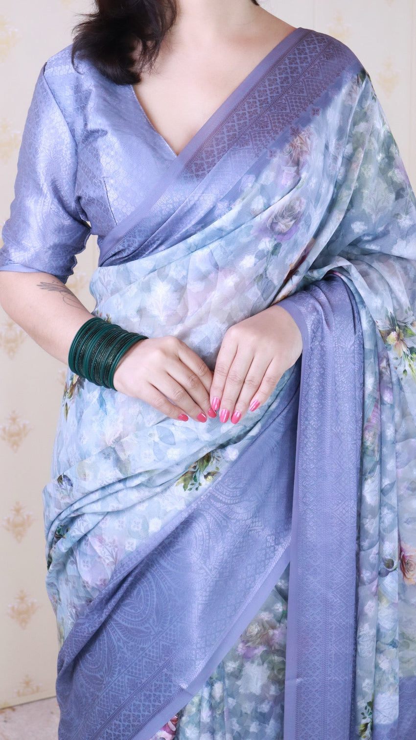 Blue soft georgette floral printed zari woven saree