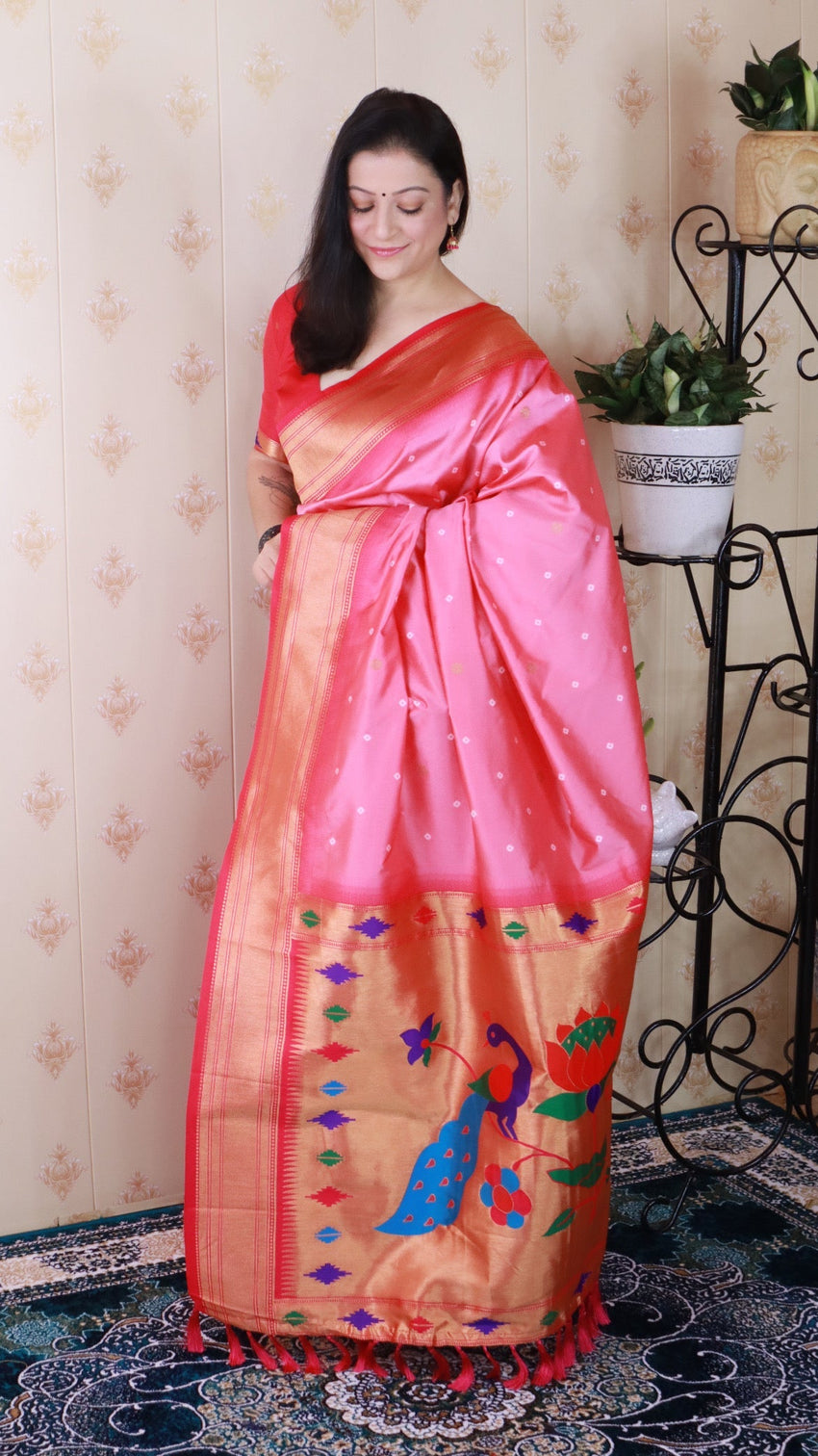Baby pink bandhani paithani silk zari woven saree
