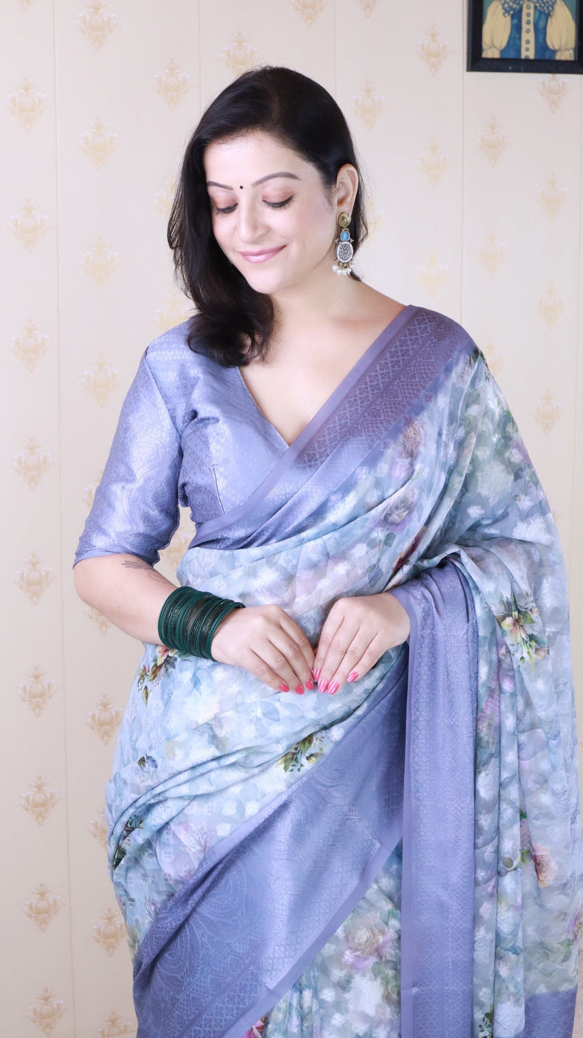 Blue soft georgette floral printed zari woven saree