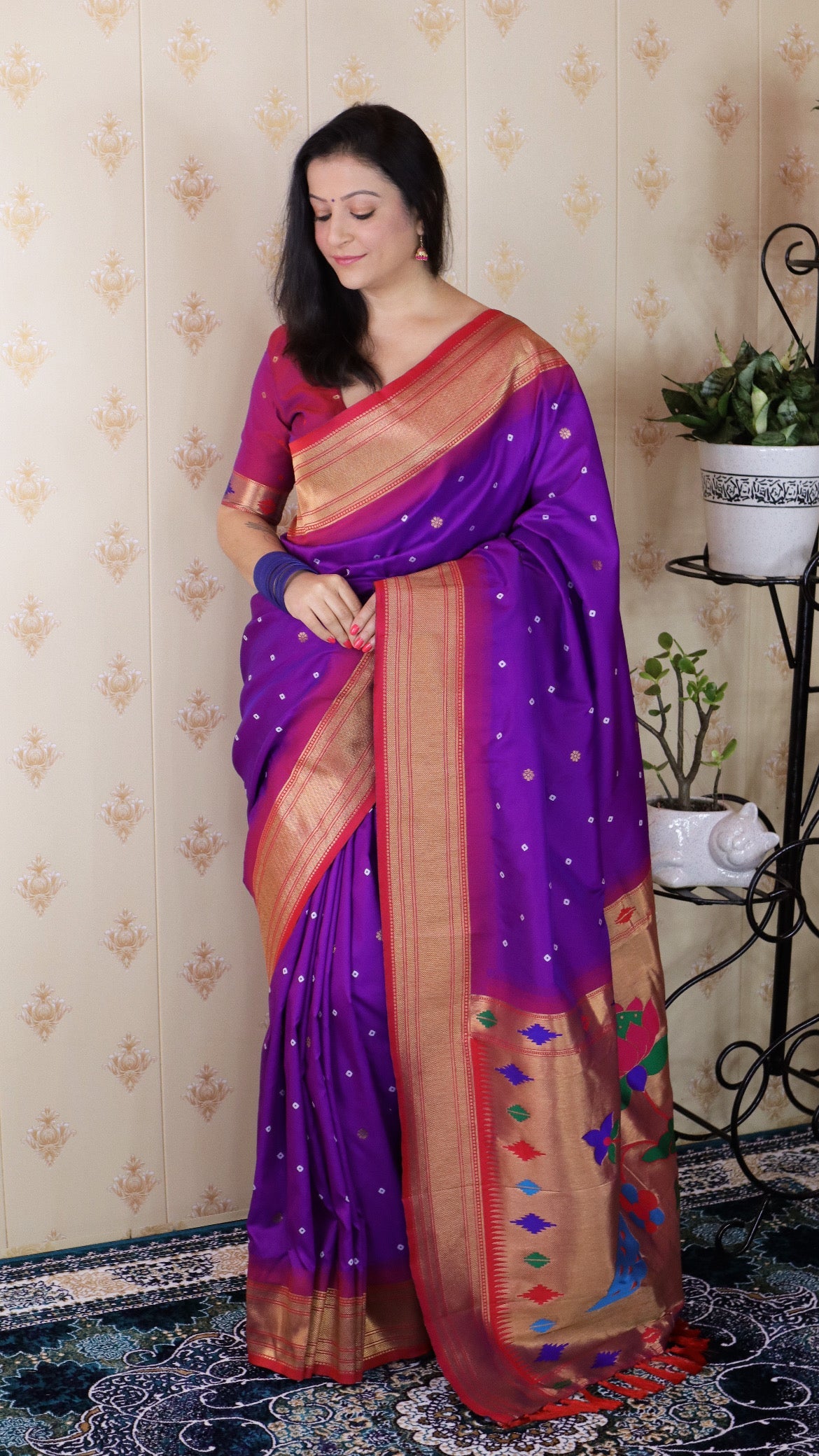 Purple Bandhani Paithani Silk  Zari Woven Saree