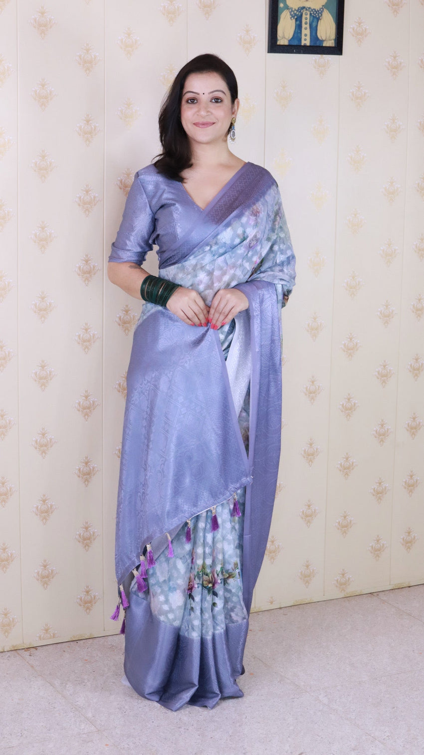 Blue soft georgette floral printed zari woven saree