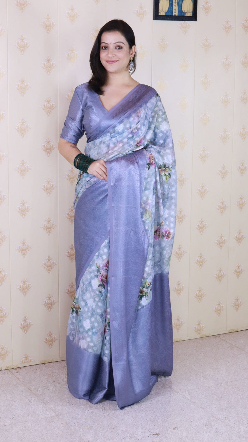Blue soft georgette floral printed zari woven saree