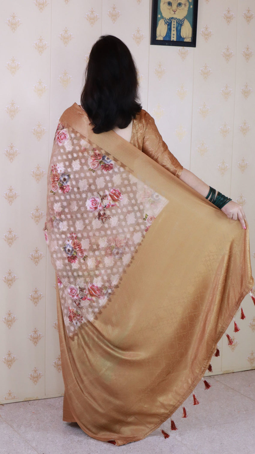 Brown soft georgette floral printed zari woven saree
