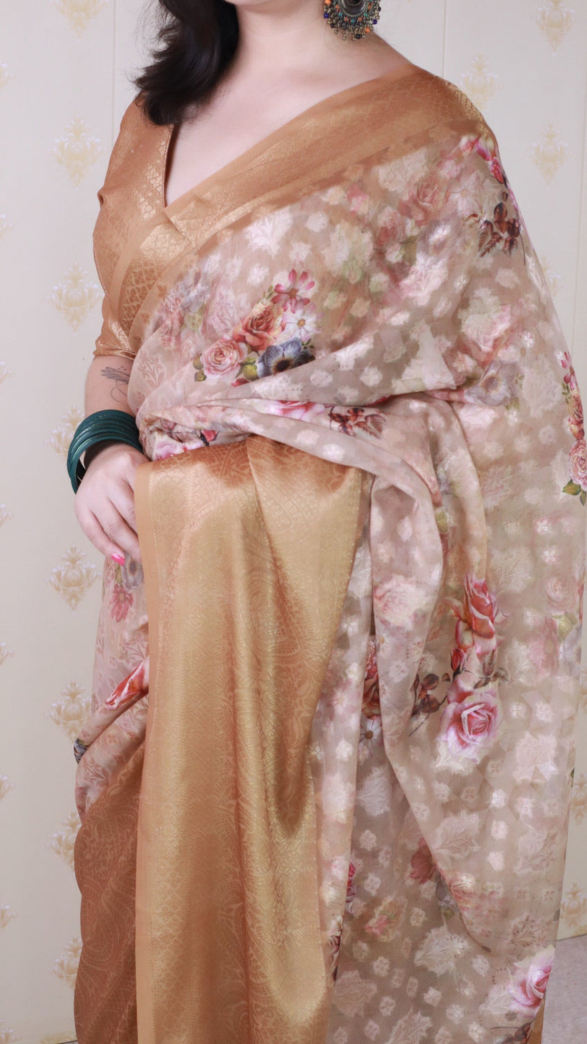 Brown soft georgette floral printed zari woven saree