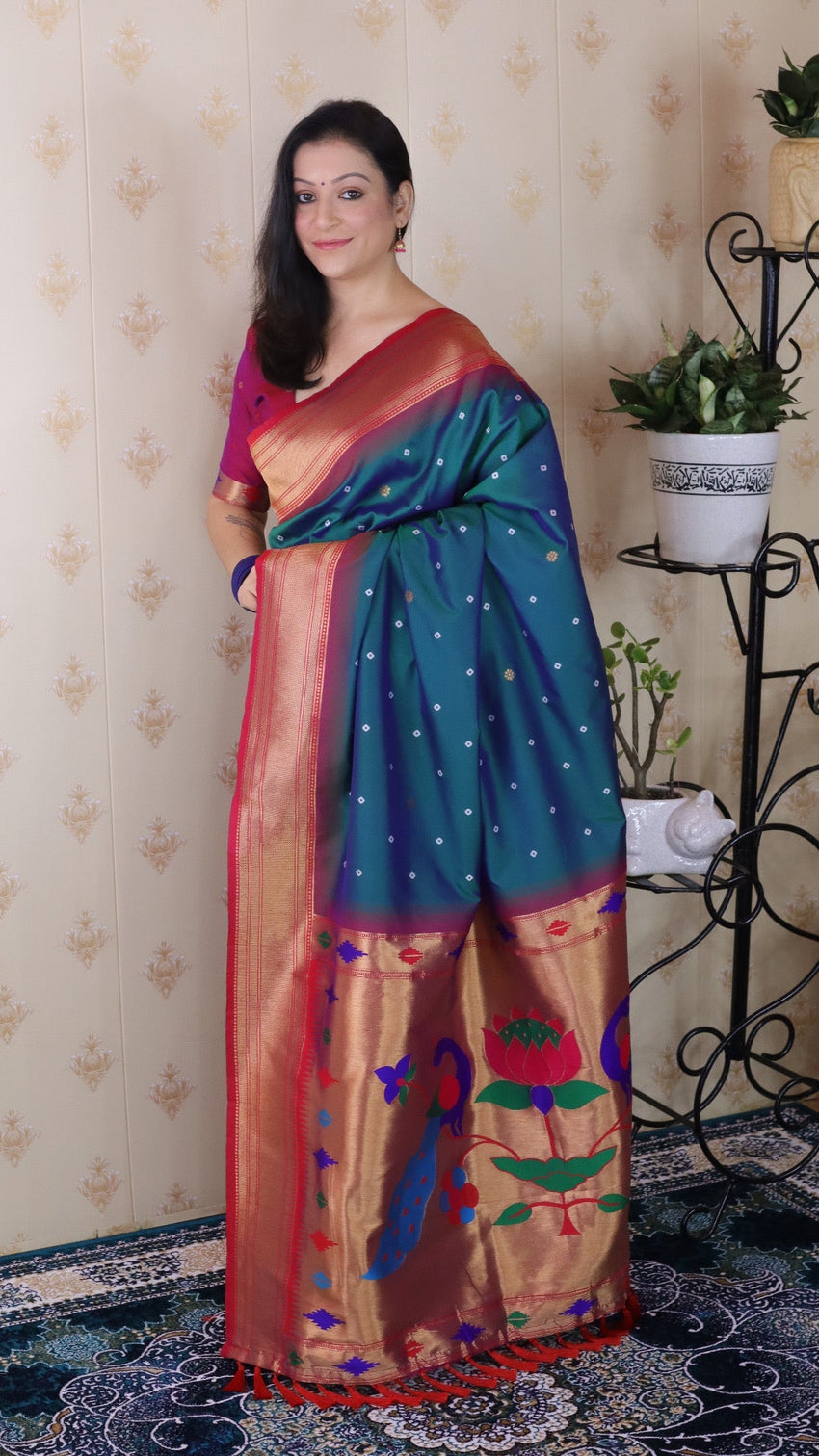 Green bandhani paithani silk zari woven saree