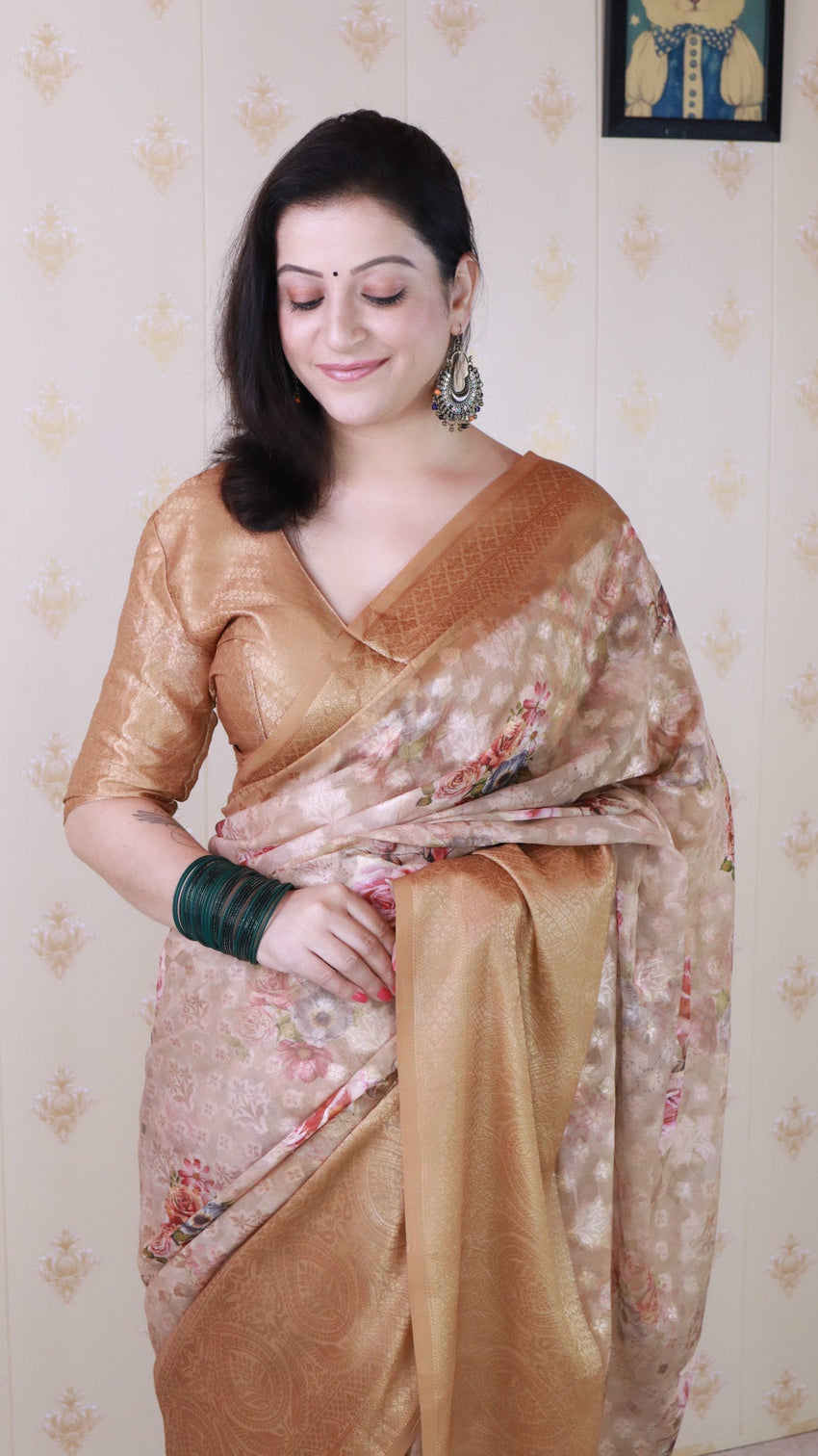 Brown soft georgette floral printed zari woven saree