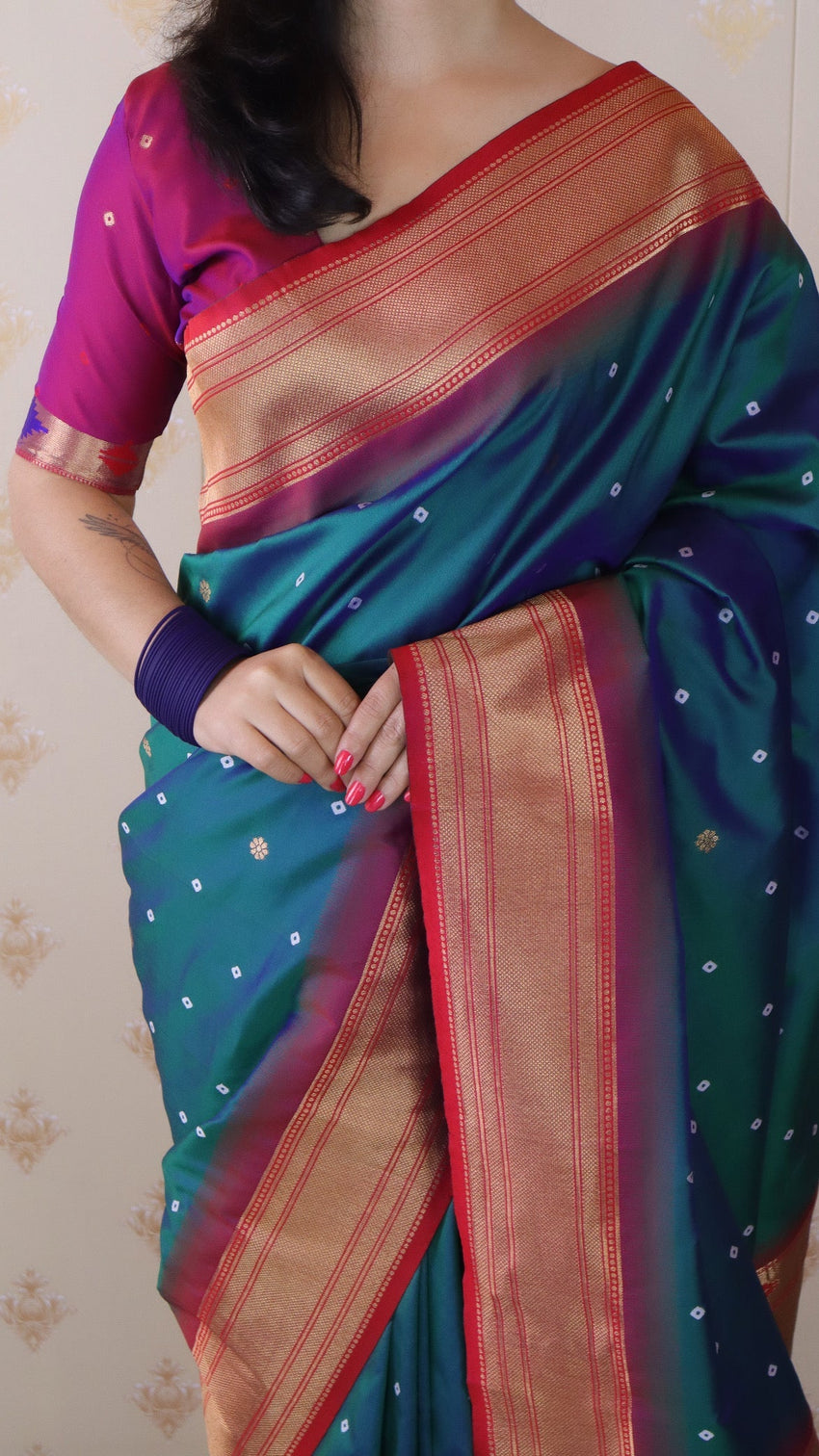 Green bandhani paithani silk zari woven saree