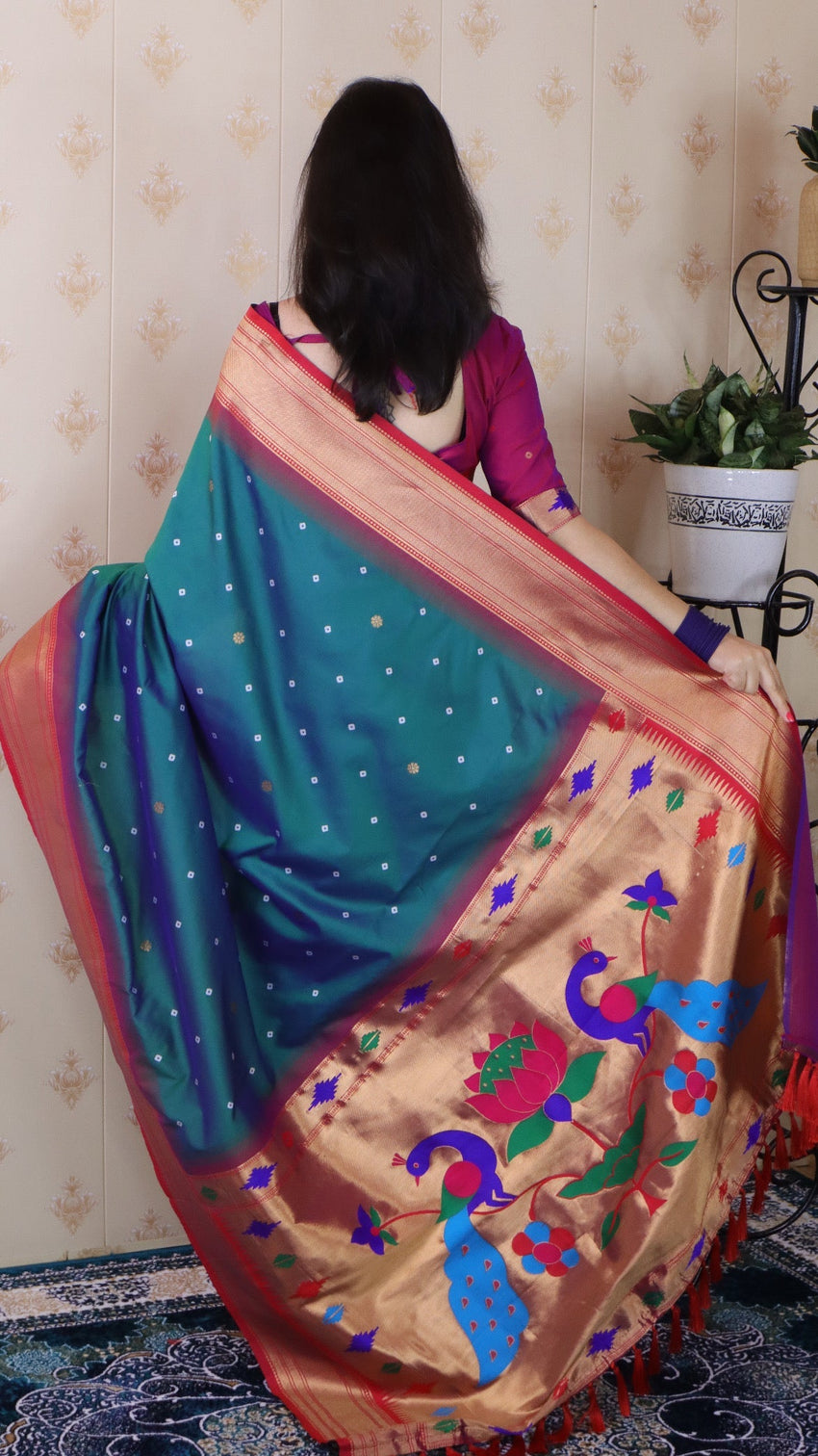 Green bandhani paithani silk zari woven saree
