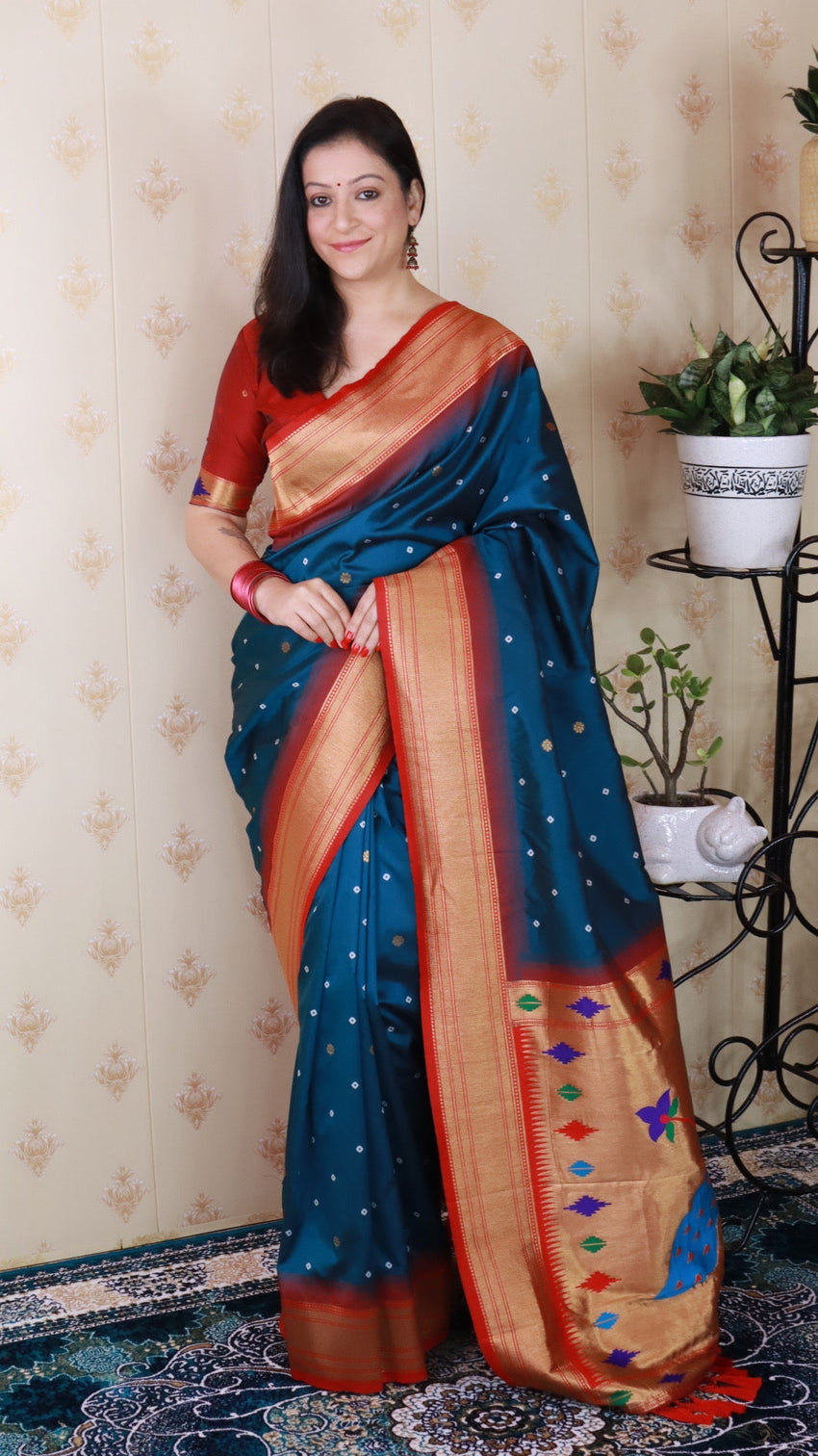 Denim blue bandhani silk zari woven saree