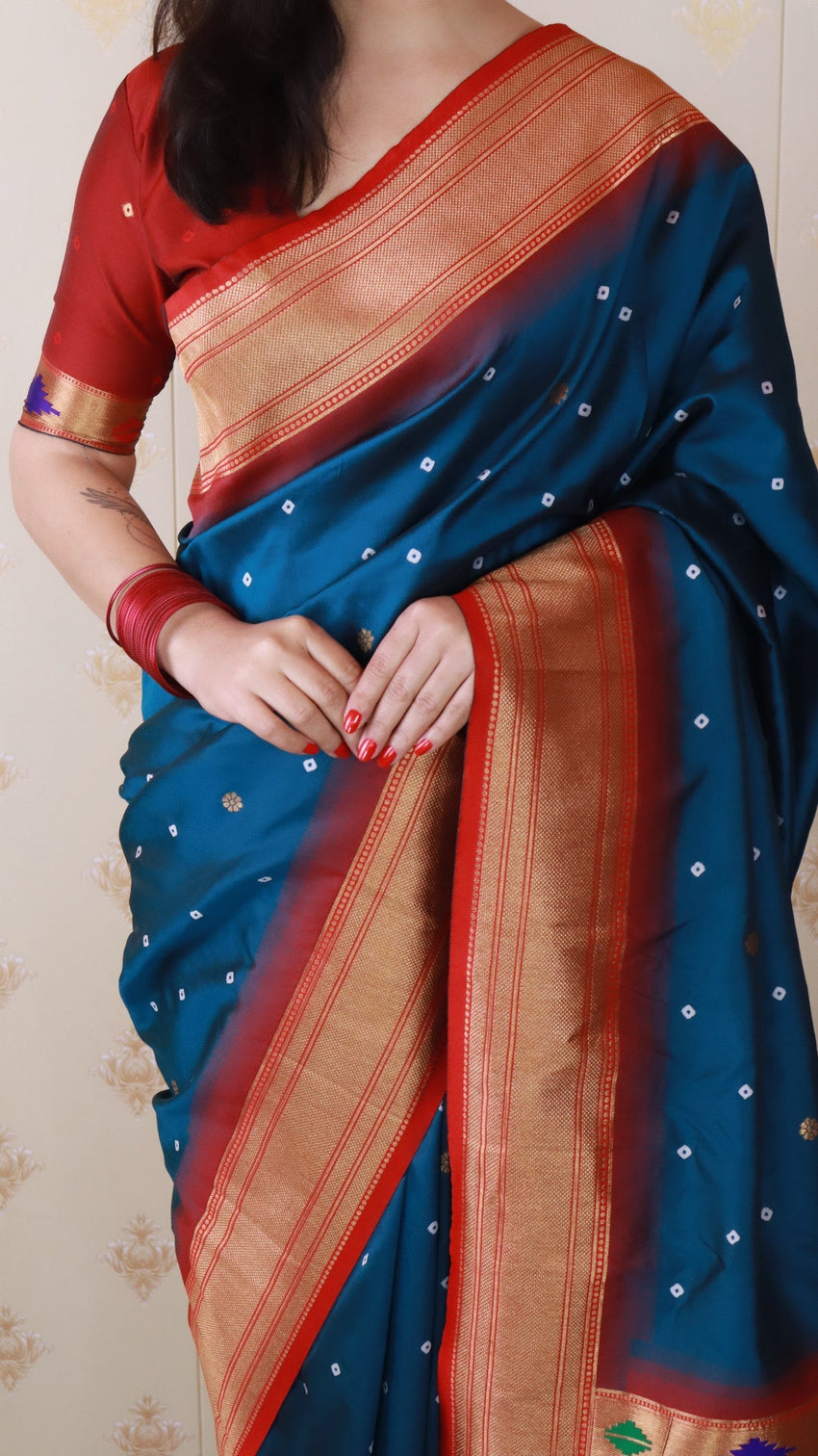 Denim blue bandhani silk zari woven saree