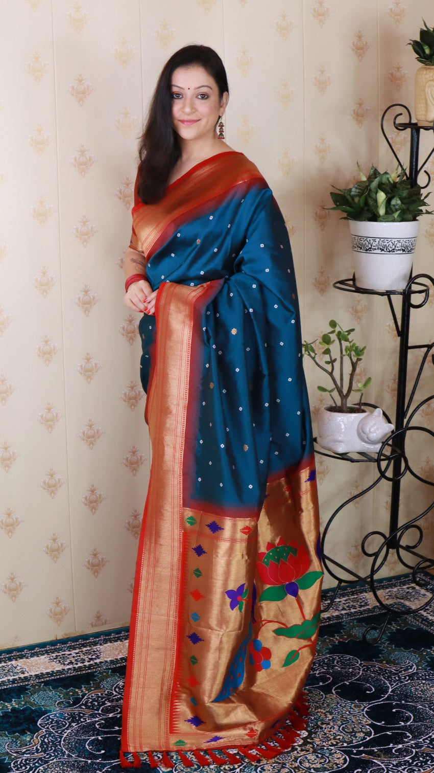 Denim blue bandhani silk zari woven saree
