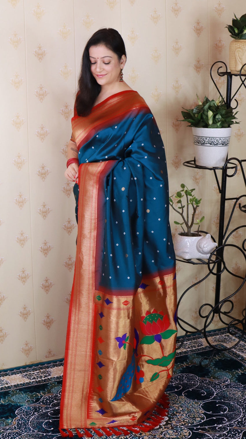 Denim blue bandhani silk zari woven saree