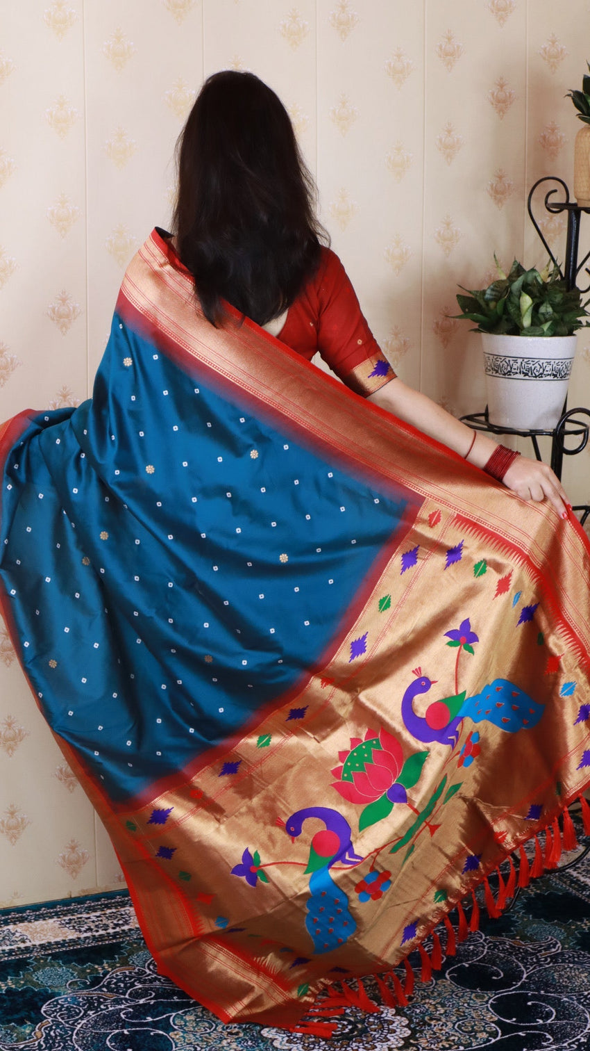 Denim blue bandhani silk zari woven saree