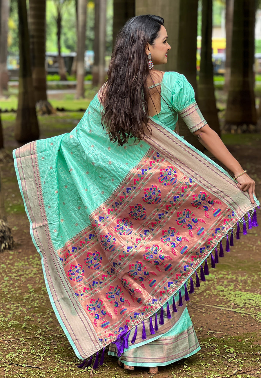 Pale turquoise checks paithani silk zari woven saree