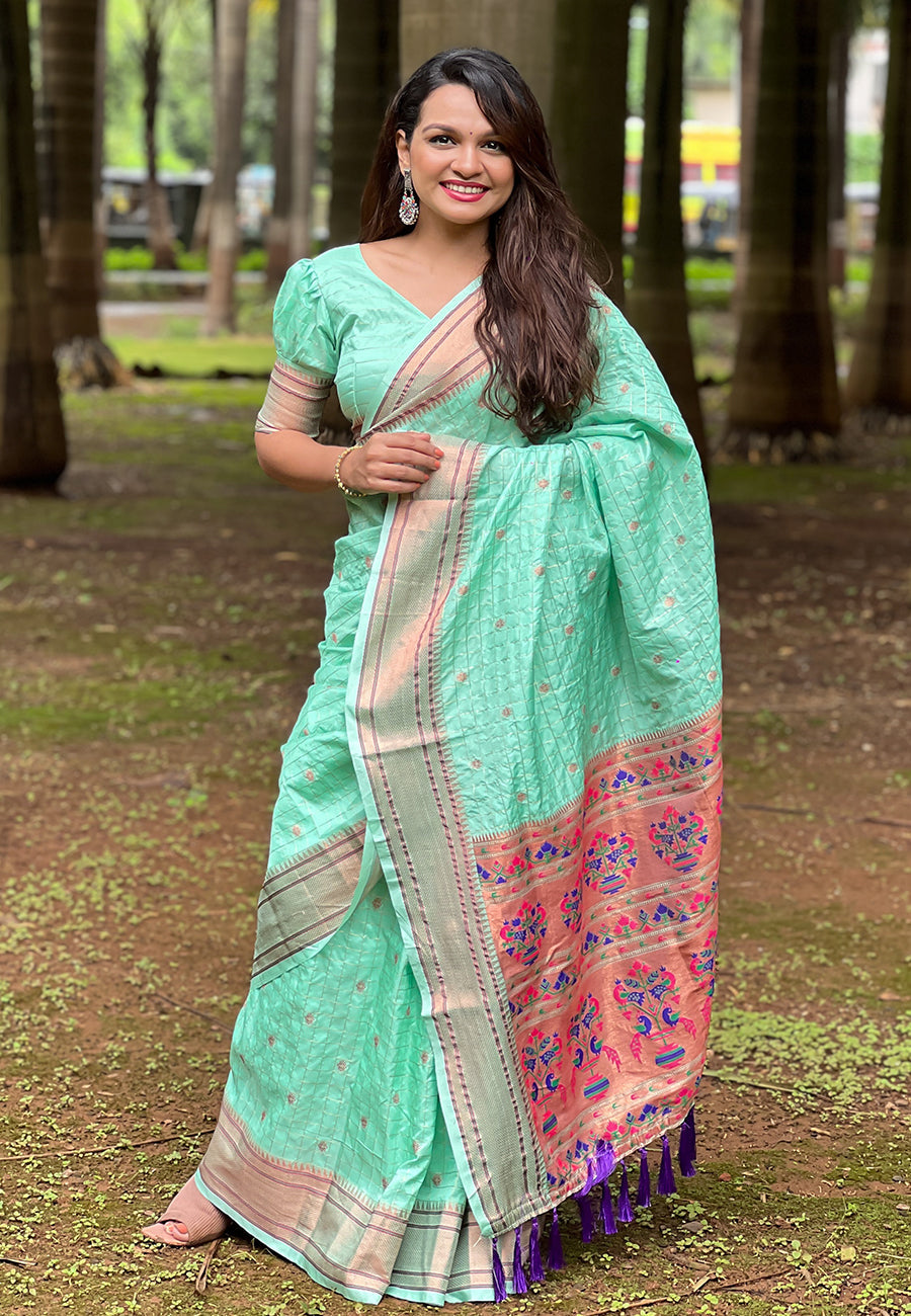 Pale turquoise checks paithani silk zari woven saree