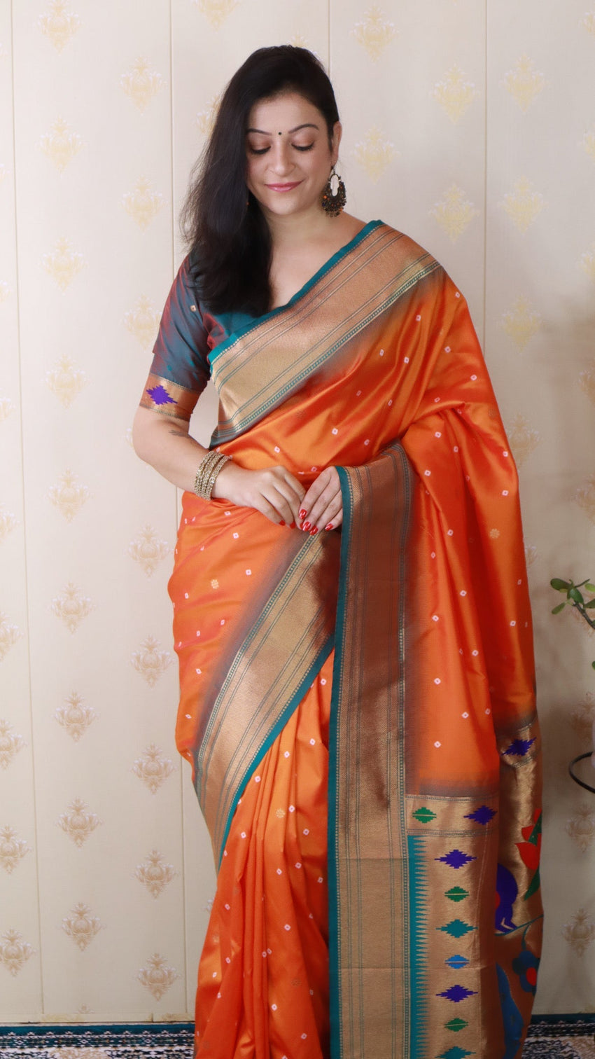 Orange bandhani paithani silk zari woven saree