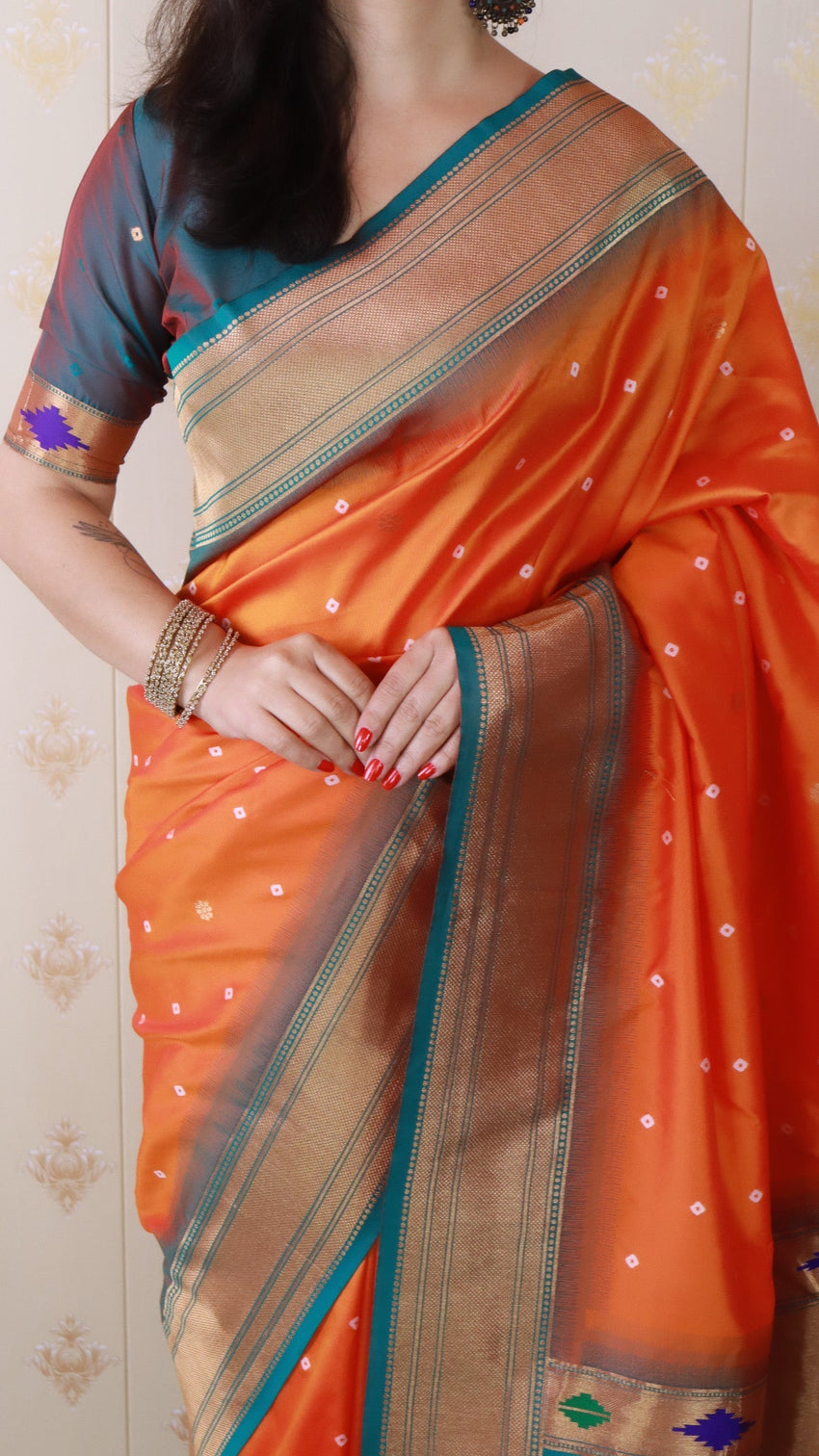 Orange bandhani paithani silk zari woven saree