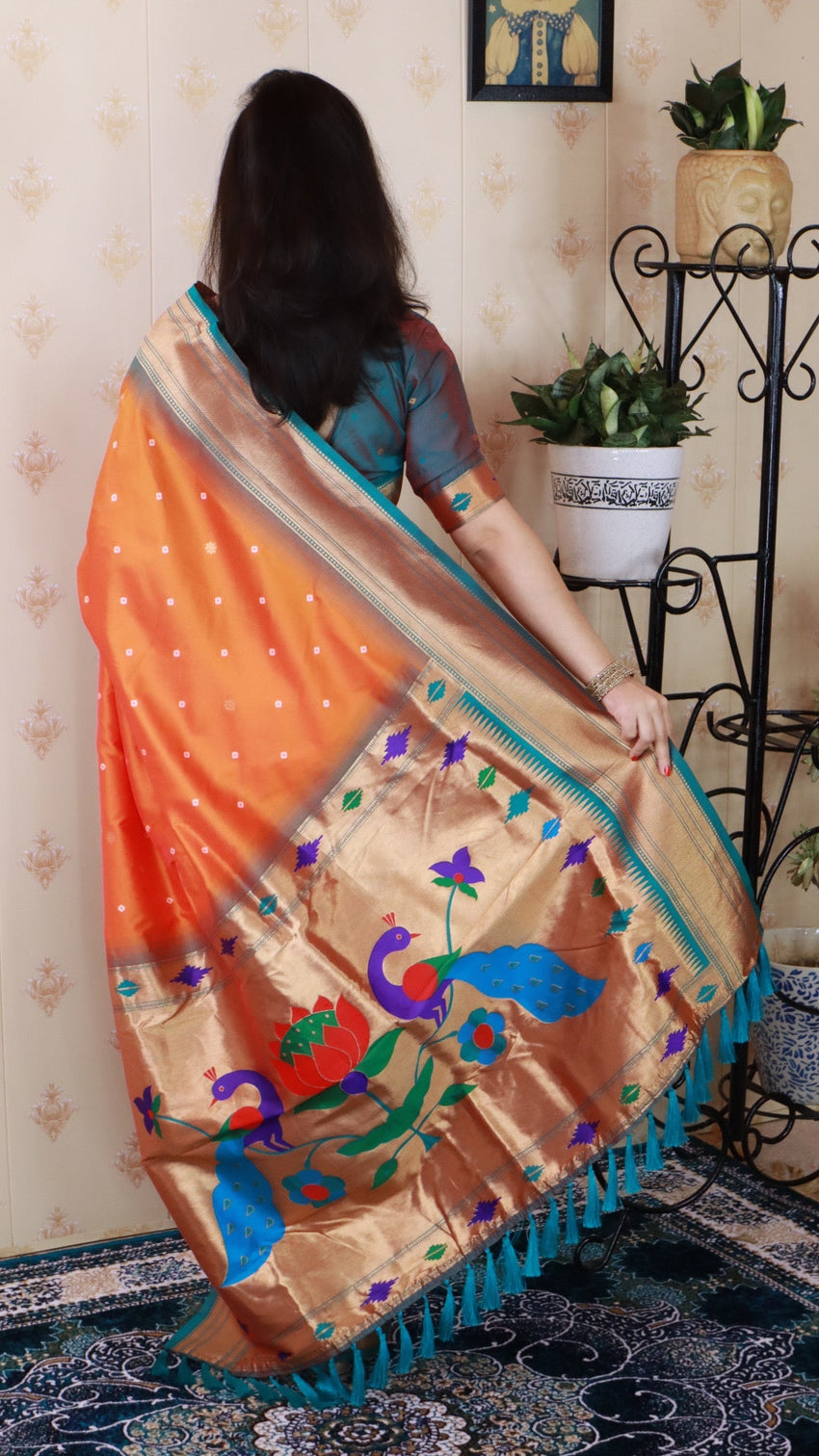 Orange bandhani paithani silk zari woven saree