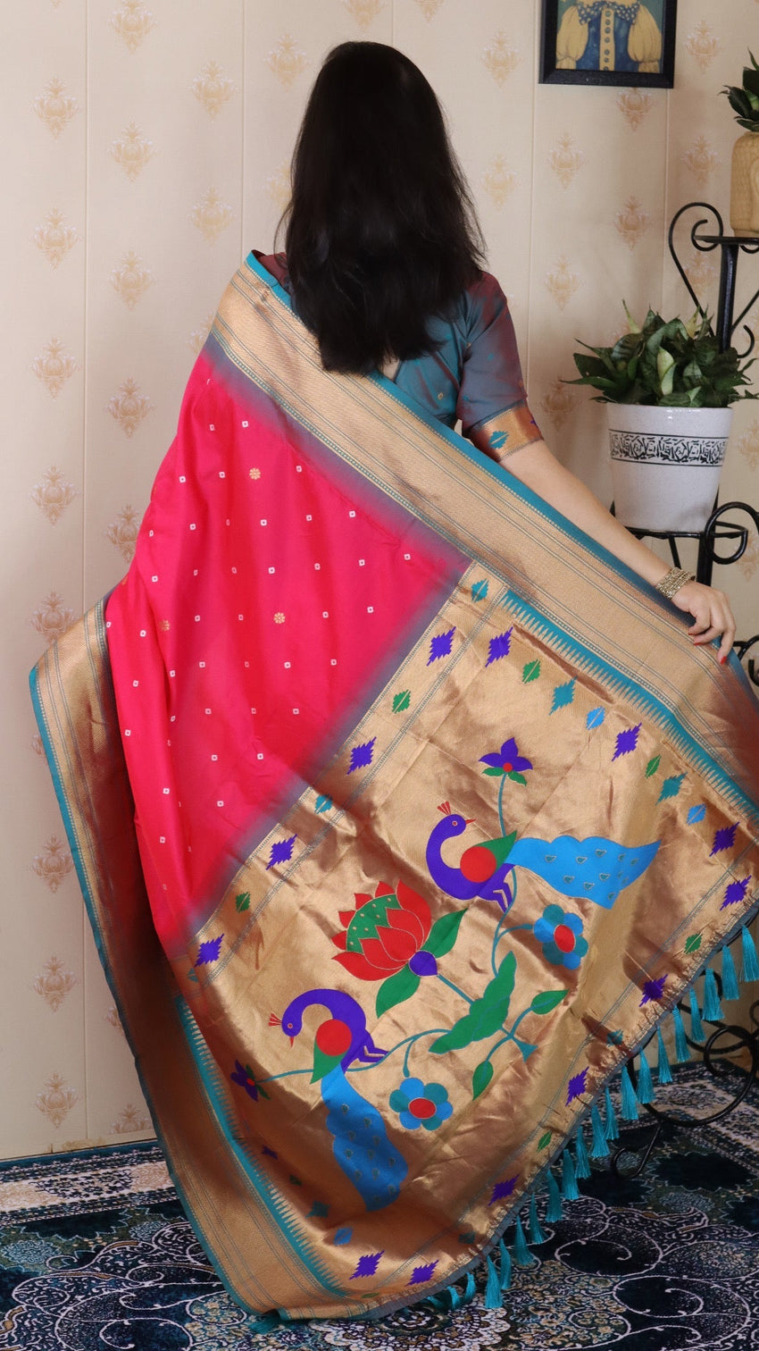 Pink bandhani paithani silk zari woven saree