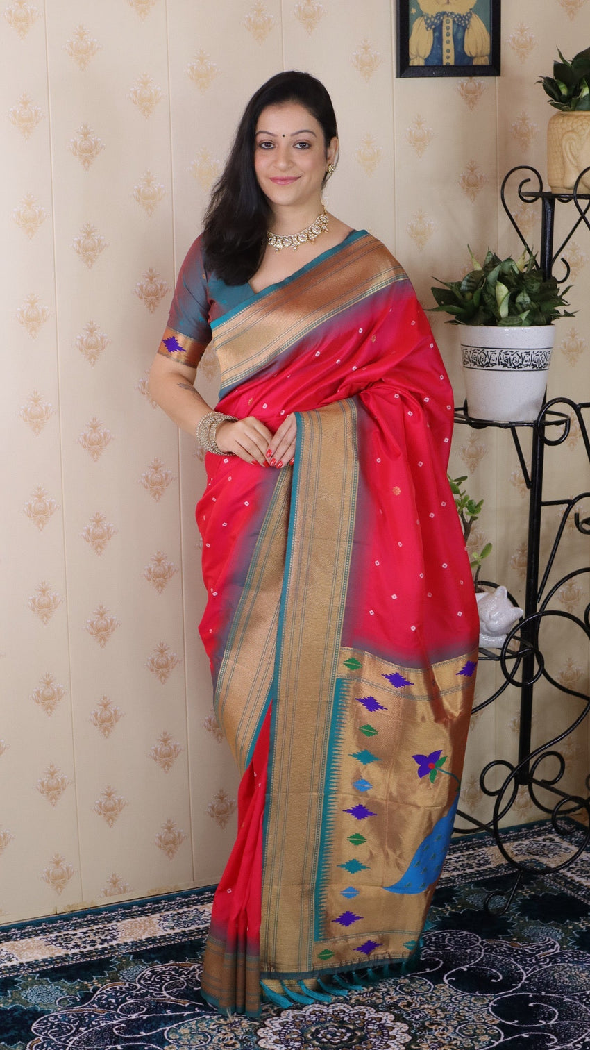 Pink bandhani paithani silk zari woven saree