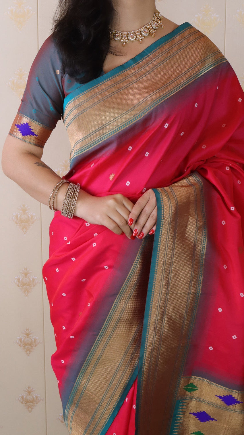 Pink bandhani paithani silk zari woven saree
