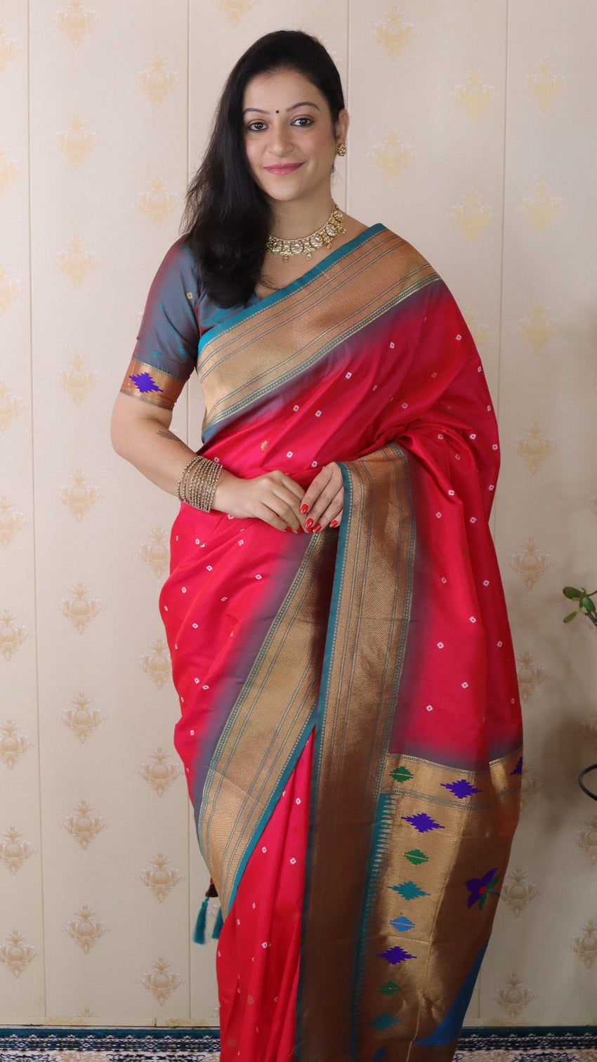 Pink bandhani paithani silk zari woven saree