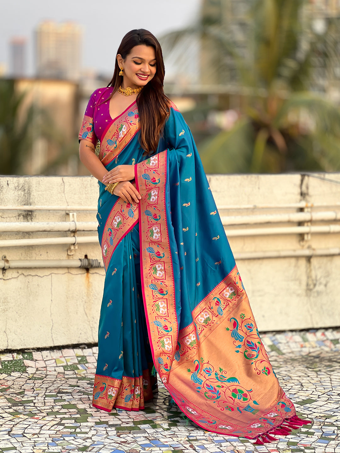 Blue soft silk swan rajhans paithani saree