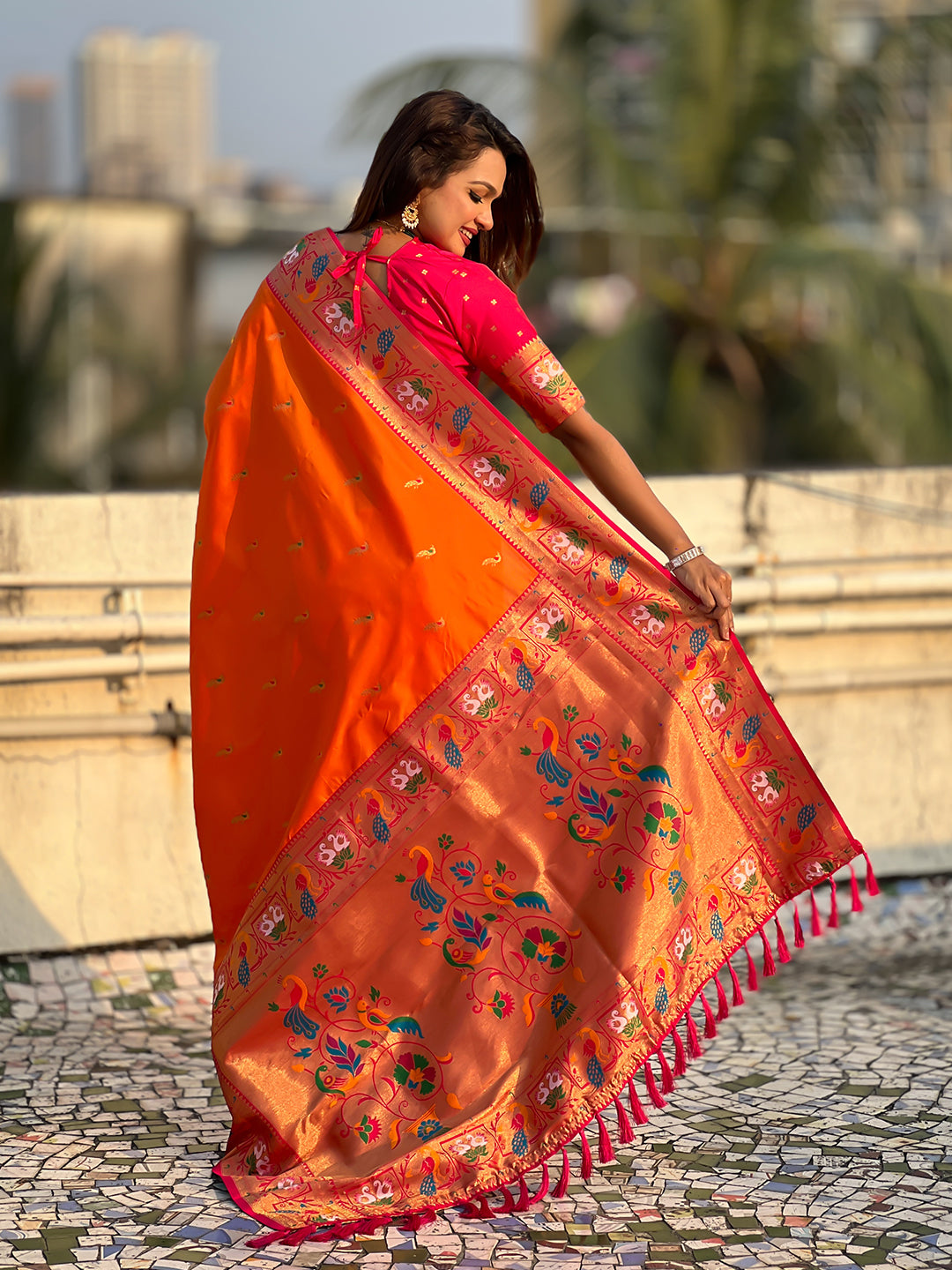 Orange soft silk swan rajhans paithani saree