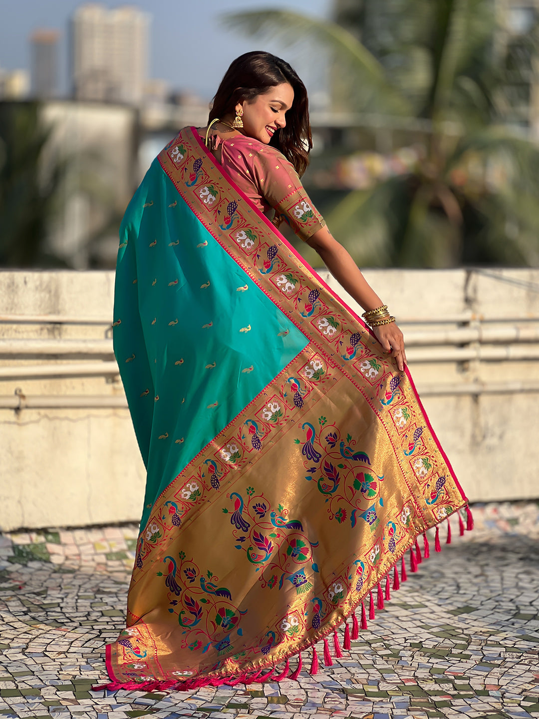 Aqua Blue Soft Silk Swan Rajhans Paithani Saree