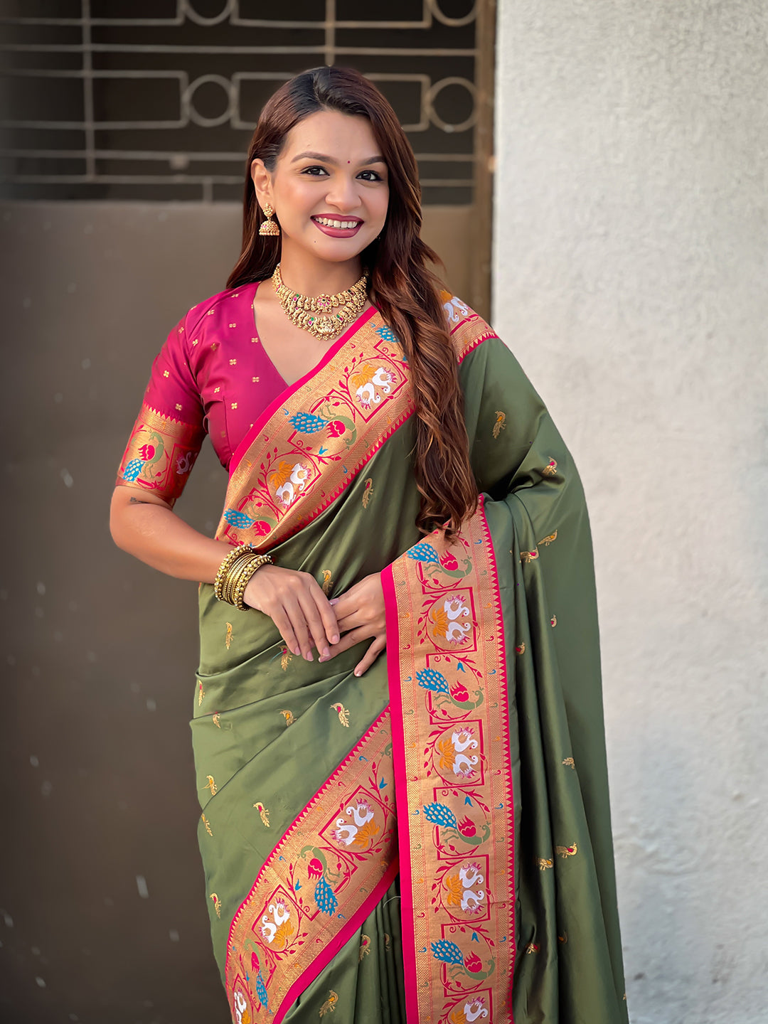 Mehendi green soft silk swan rajhans paithani saree