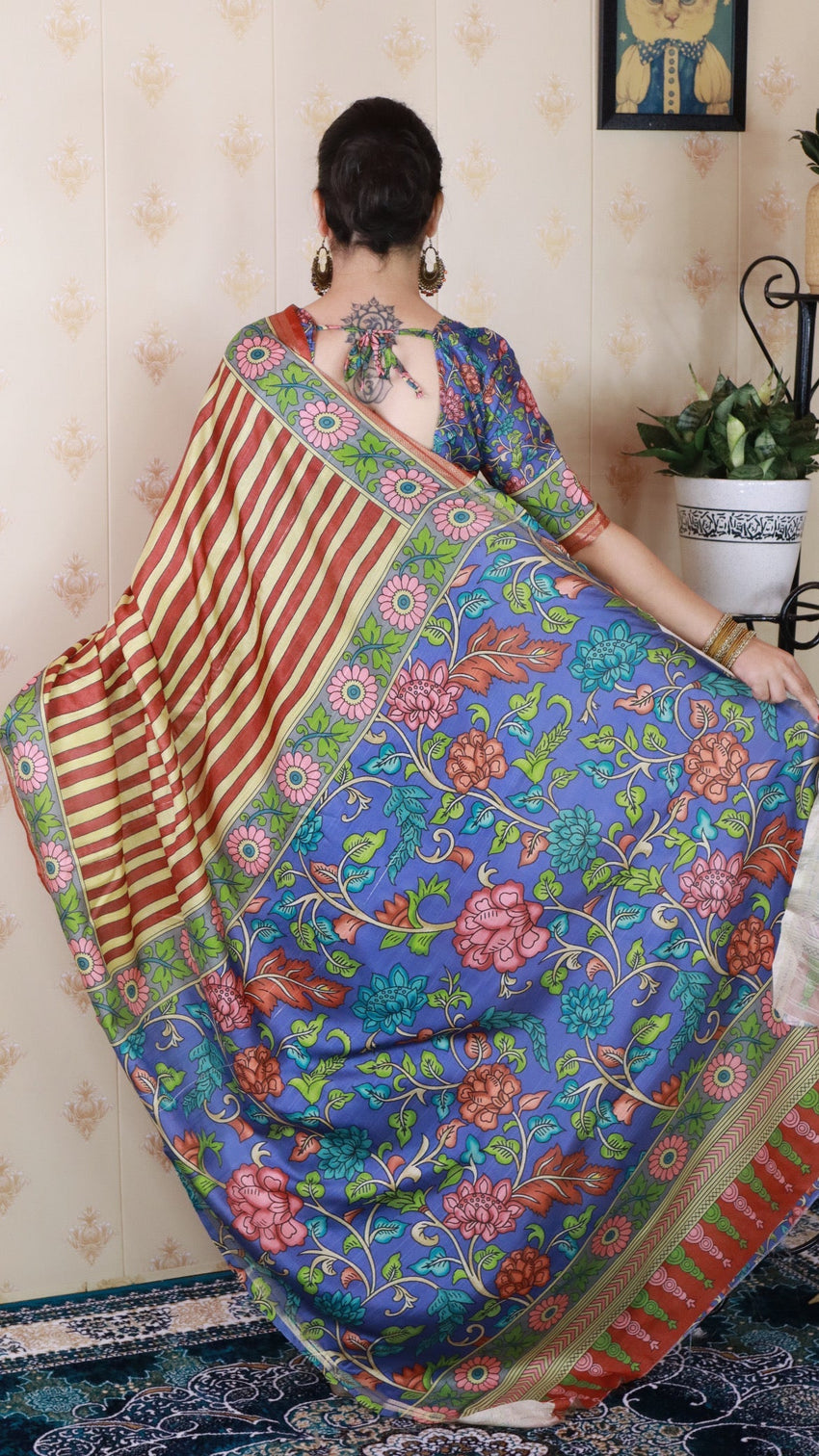 Brown soft tussar silk striped party wear printed zari woven saree