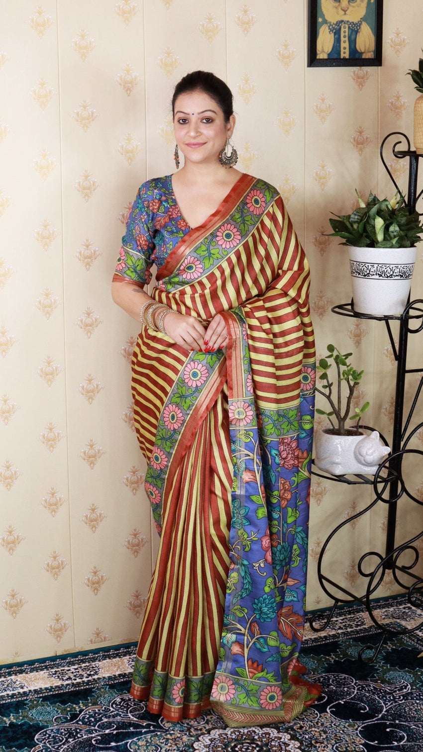 Brown soft tussar silk striped party wear printed zari woven saree