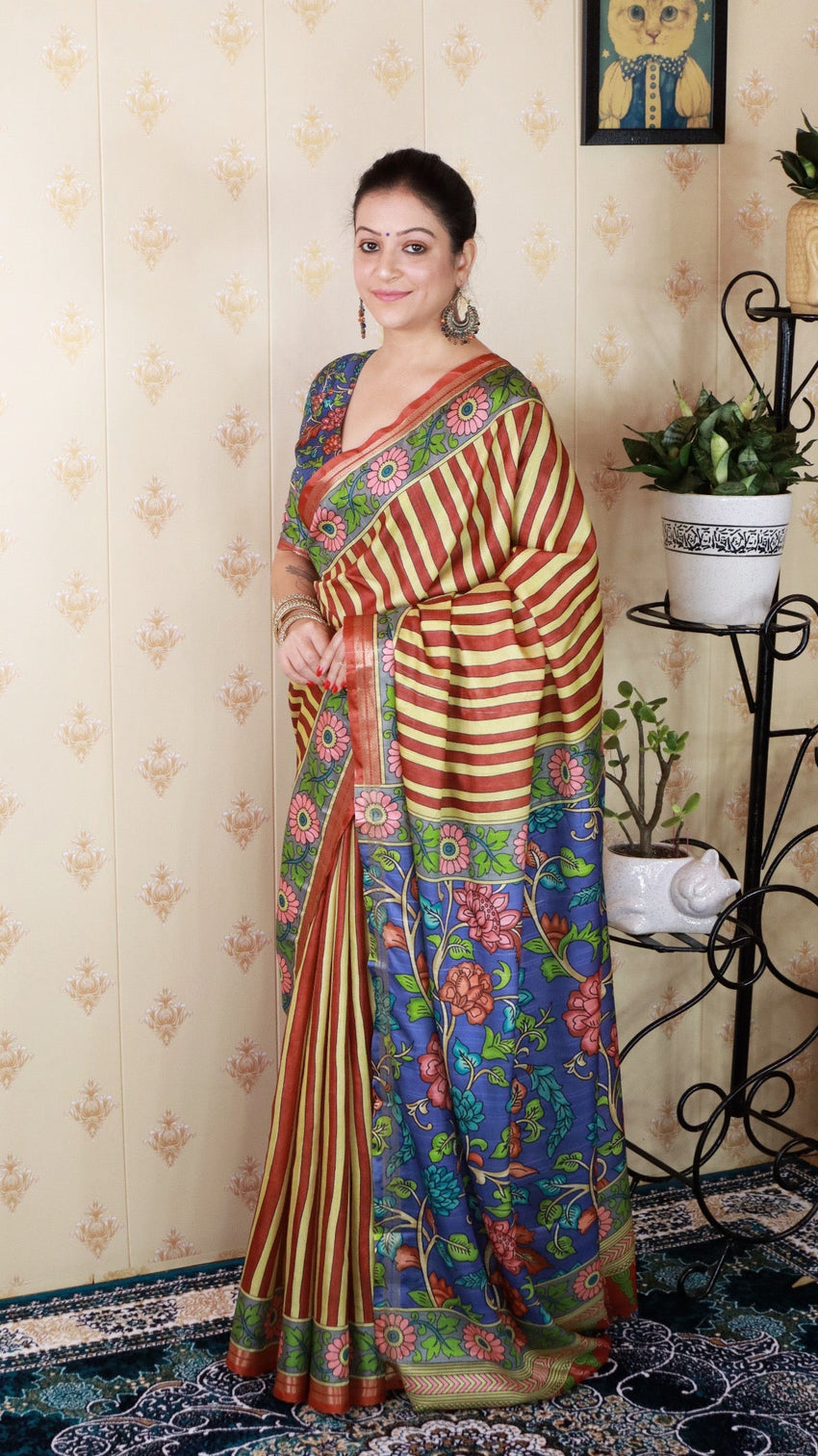 Brown soft tussar silk striped party wear printed zari woven saree