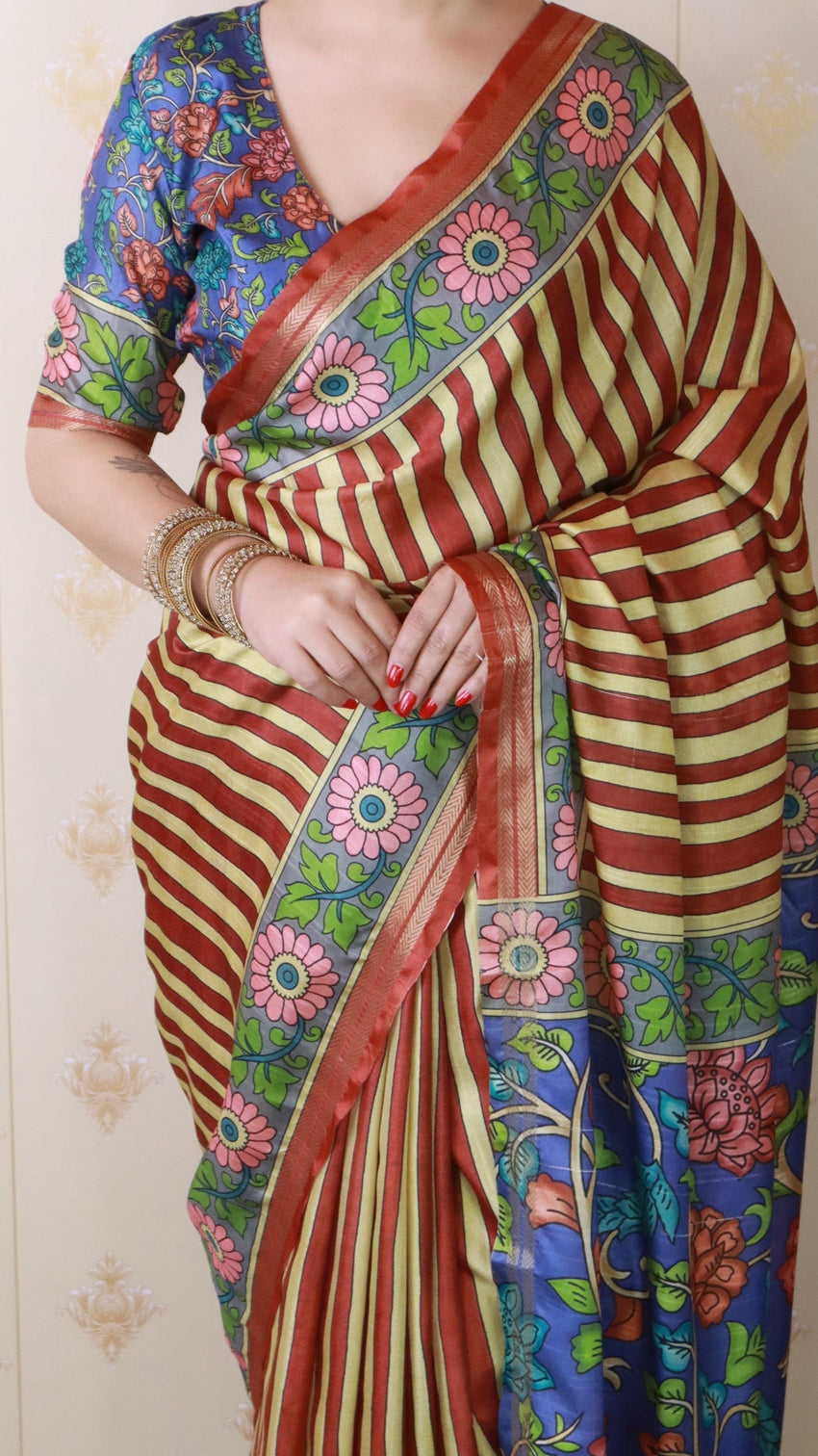 Brown soft tussar silk striped party wear printed zari woven saree