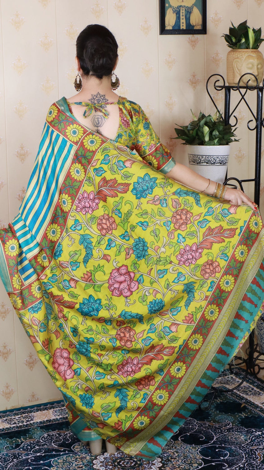 Blue soft tussar silk striped party wear printed zari woven saree