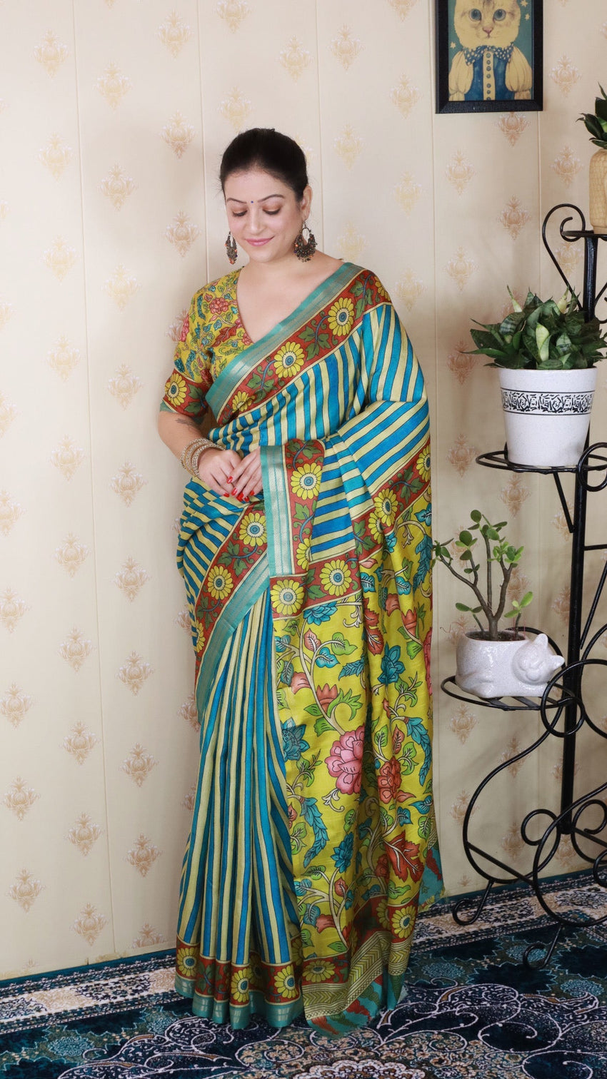 Blue soft tussar silk striped party wear printed zari woven saree