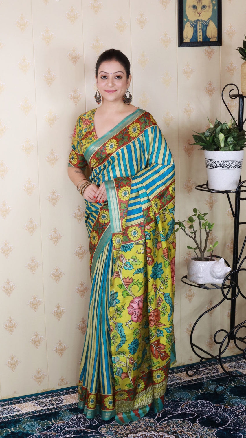 Blue soft tussar silk striped party wear printed zari woven saree