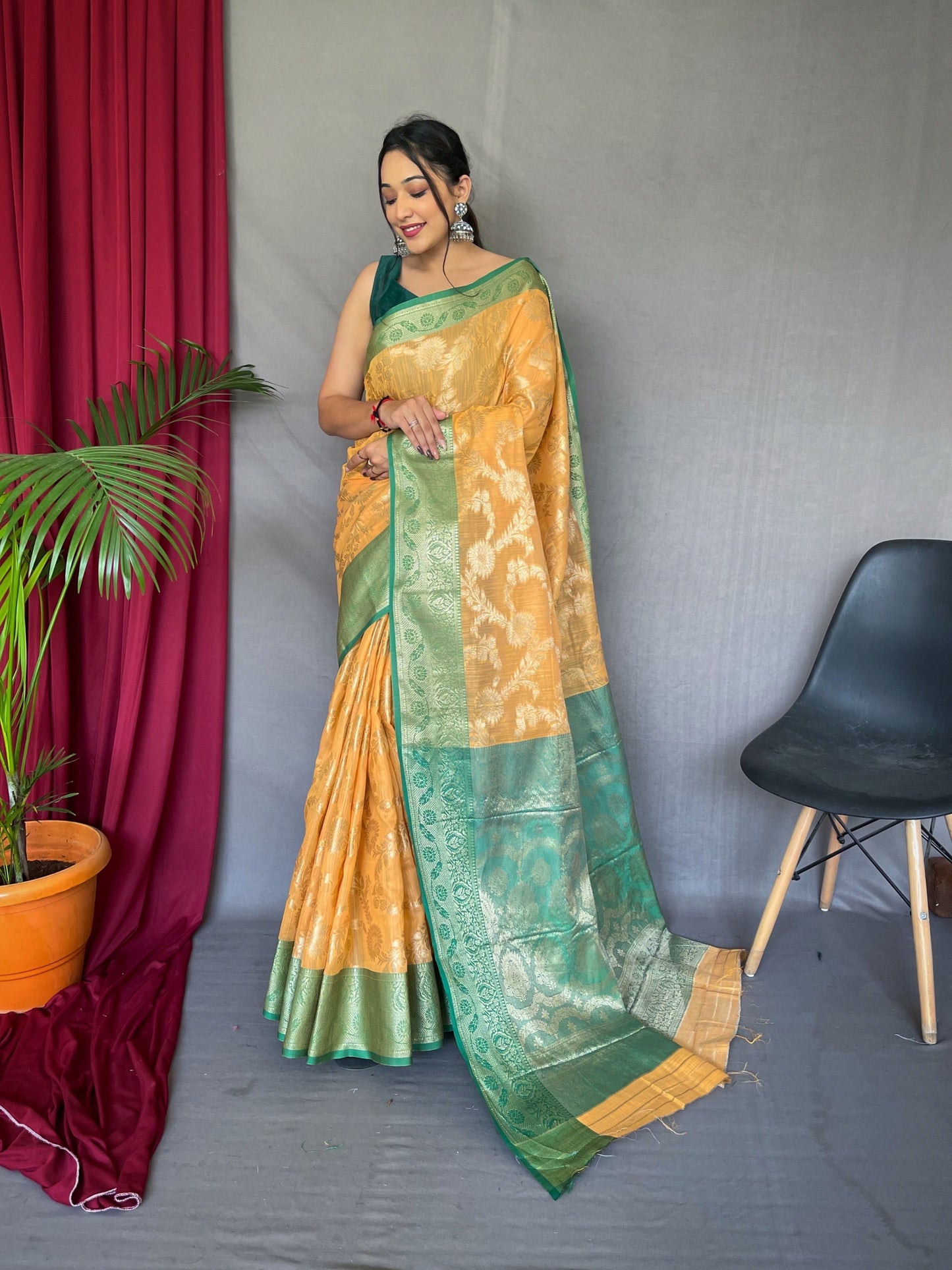 Pastel Orange with Green Saree in Linen