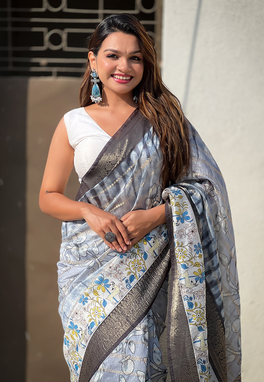Grey chanderi crush silk floral printed saree with zari woven jacquard panel border