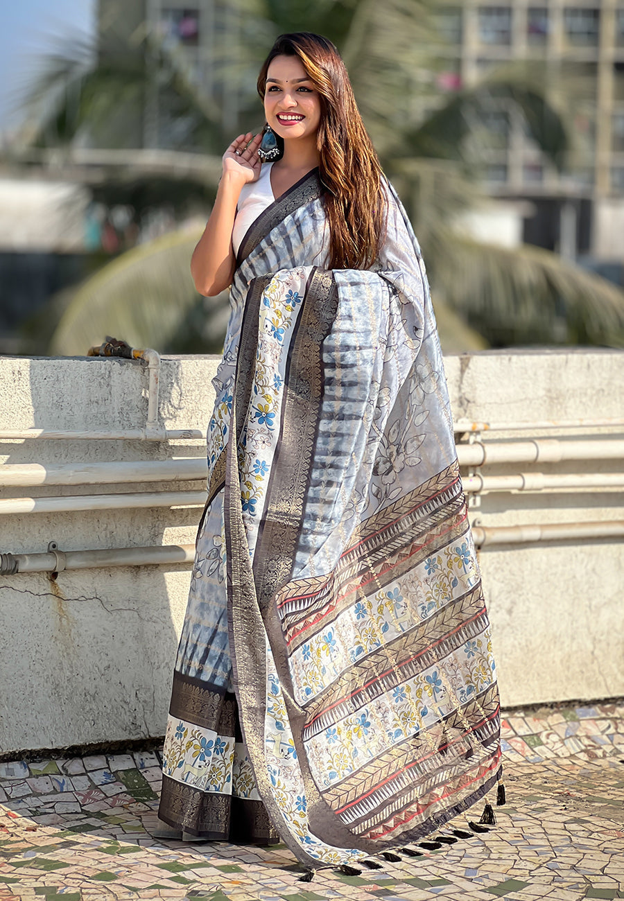 Grey chanderi crush silk floral printed saree with zari woven jacquard panel border