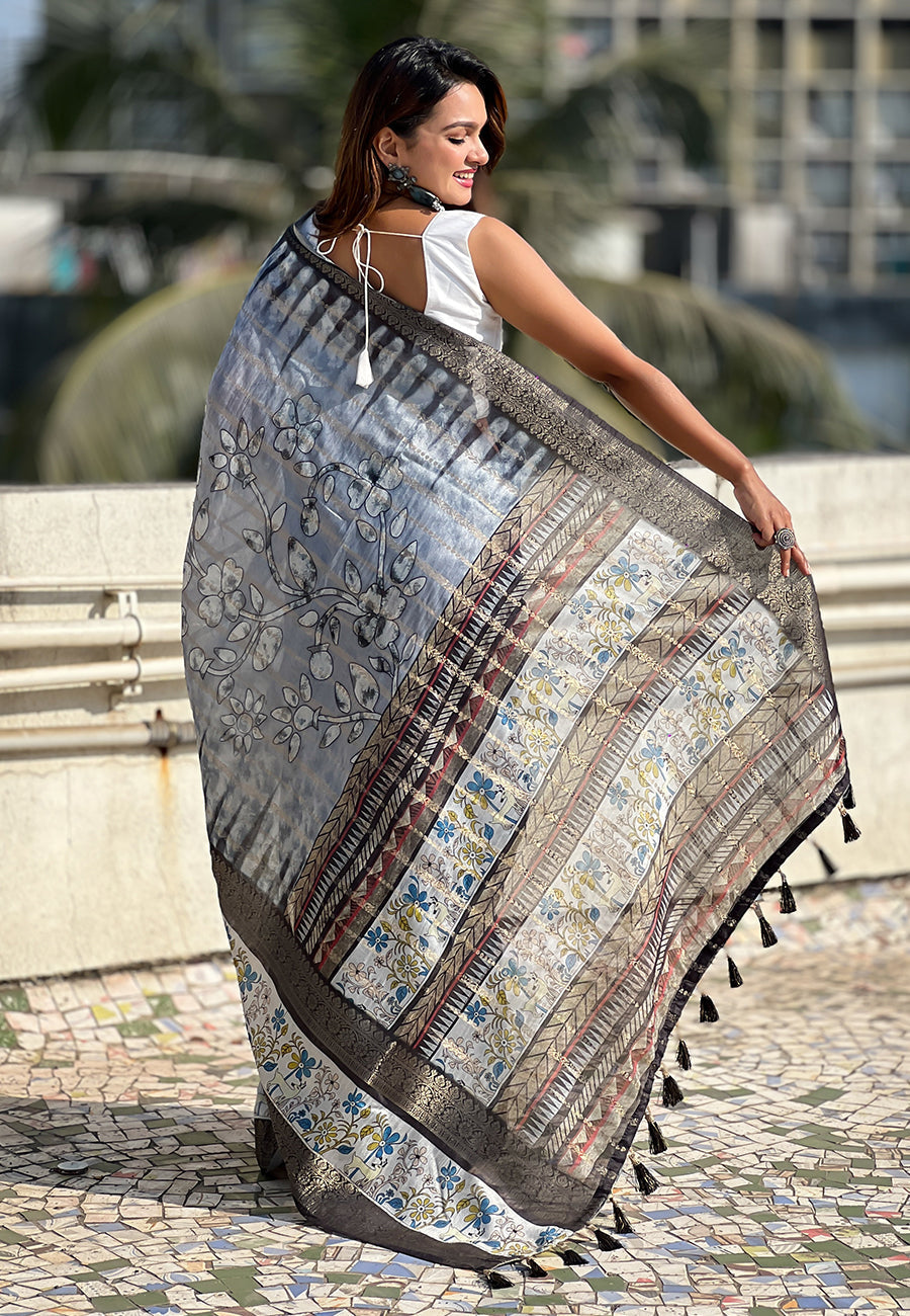 Grey chanderi crush silk floral printed saree with zari woven jacquard panel border