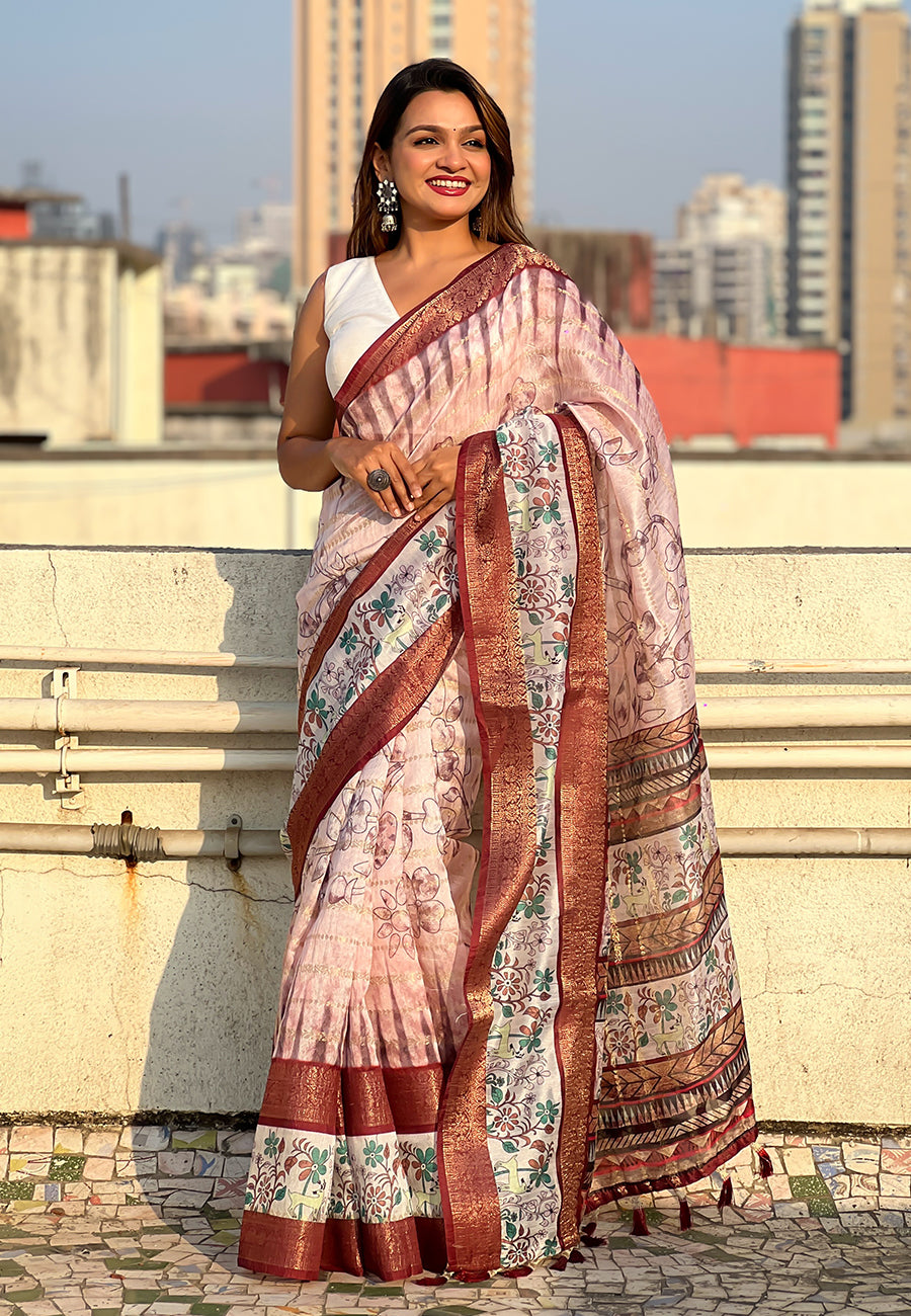 Pink chanderi crush silk floral printed saree with zari woven jacquard panel border