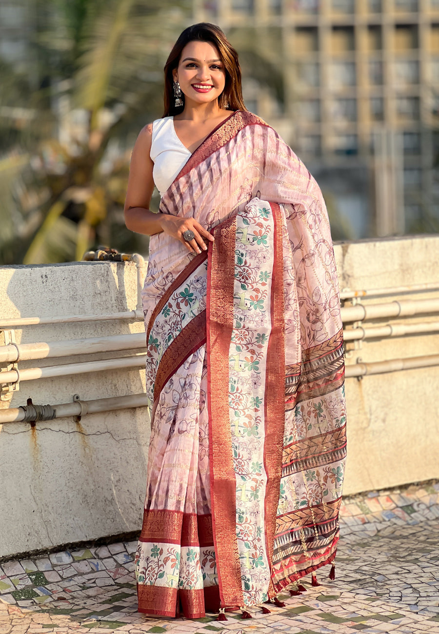 Pink chanderi crush silk floral printed saree with zari woven jacquard panel border