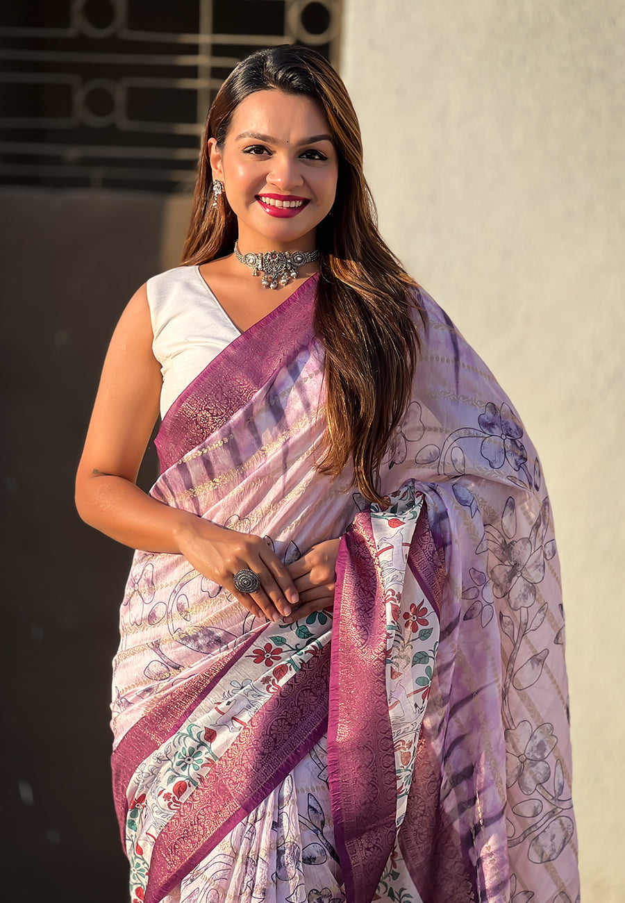 Lavender chanderi crush silk floral printed saree with zari woven jacquard panel border