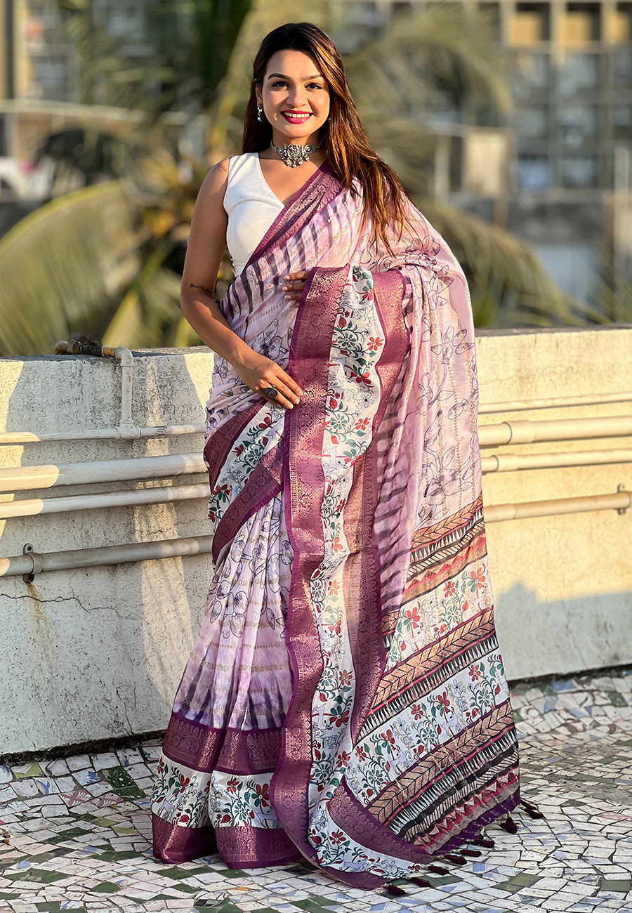 Lavender chanderi crush silk floral printed saree with zari woven jacquard panel border