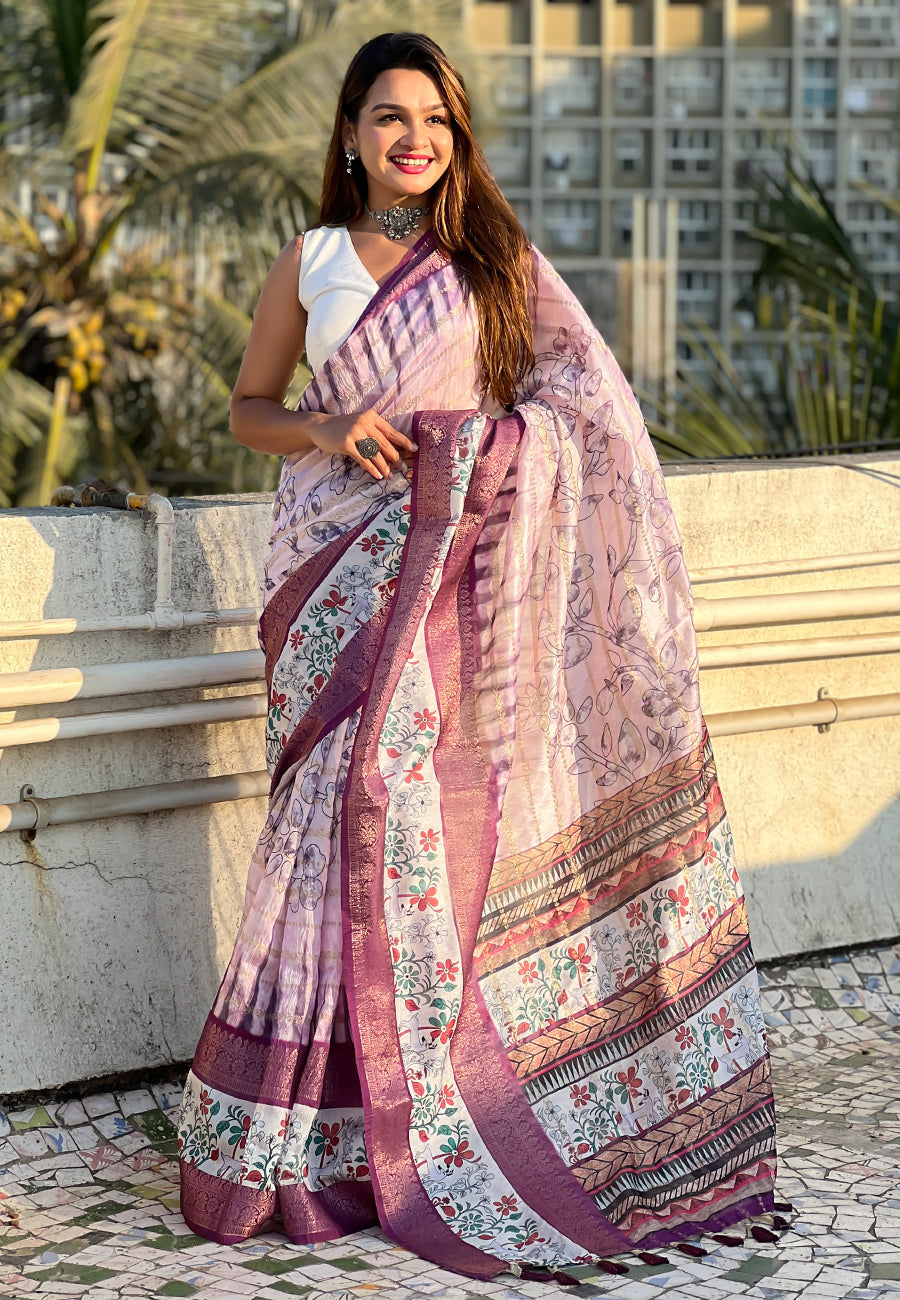 Lavender chanderi crush silk floral printed saree with zari woven jacquard panel border