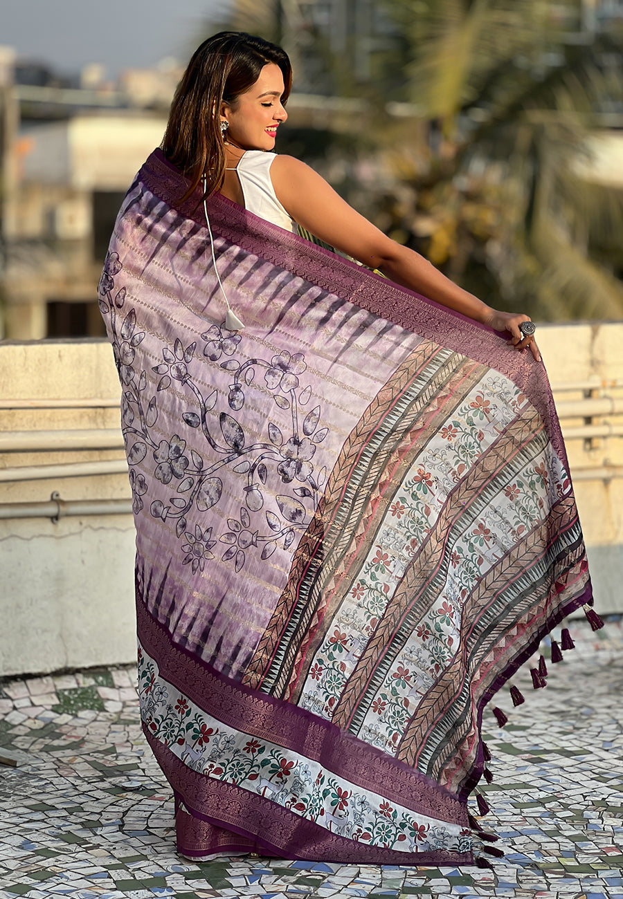 Lavender chanderi crush silk floral printed saree with zari woven jacquard panel border
