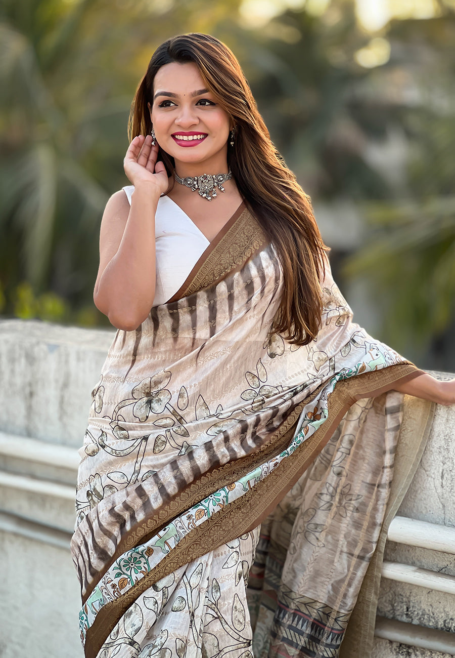 Mehendi green chanderi crush silk floral printed saree with zari woven jacquard panel border