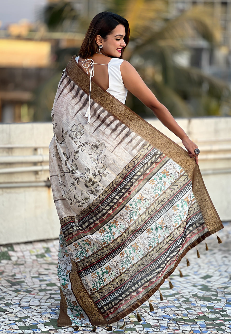 Mehendi green chanderi crush silk floral printed saree with zari woven jacquard panel border
