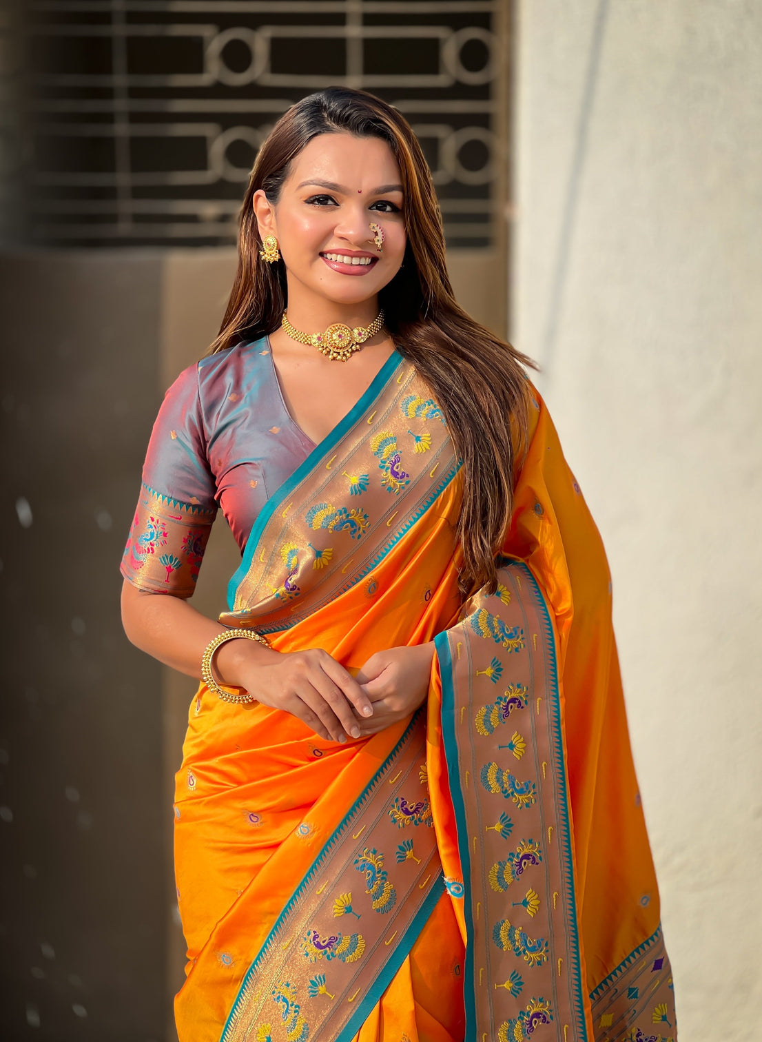 Orange zari woven tiny nath meenakari contrast yeola paithani silk saree